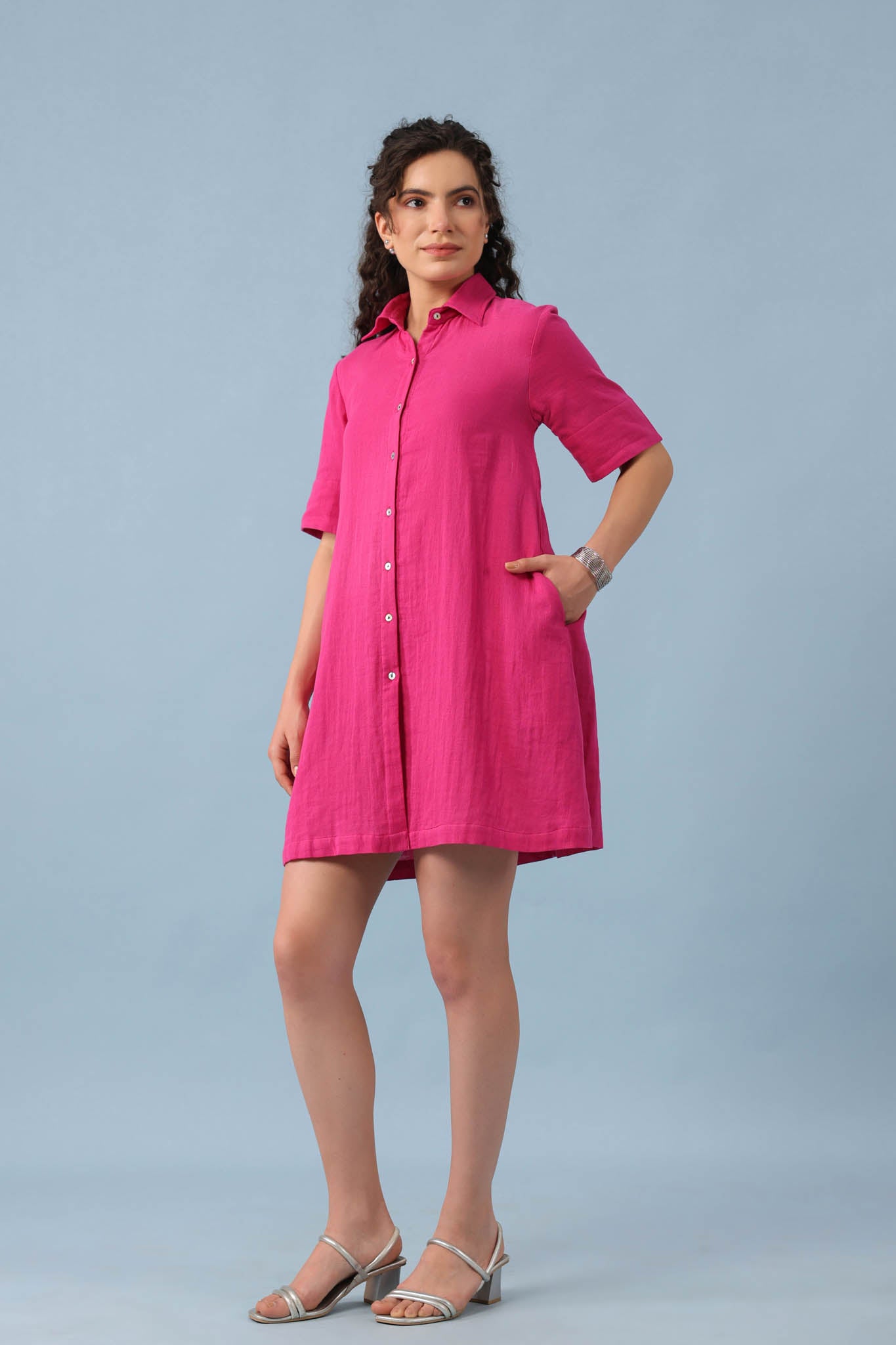 Midi Shirt Dress- Fuchsia