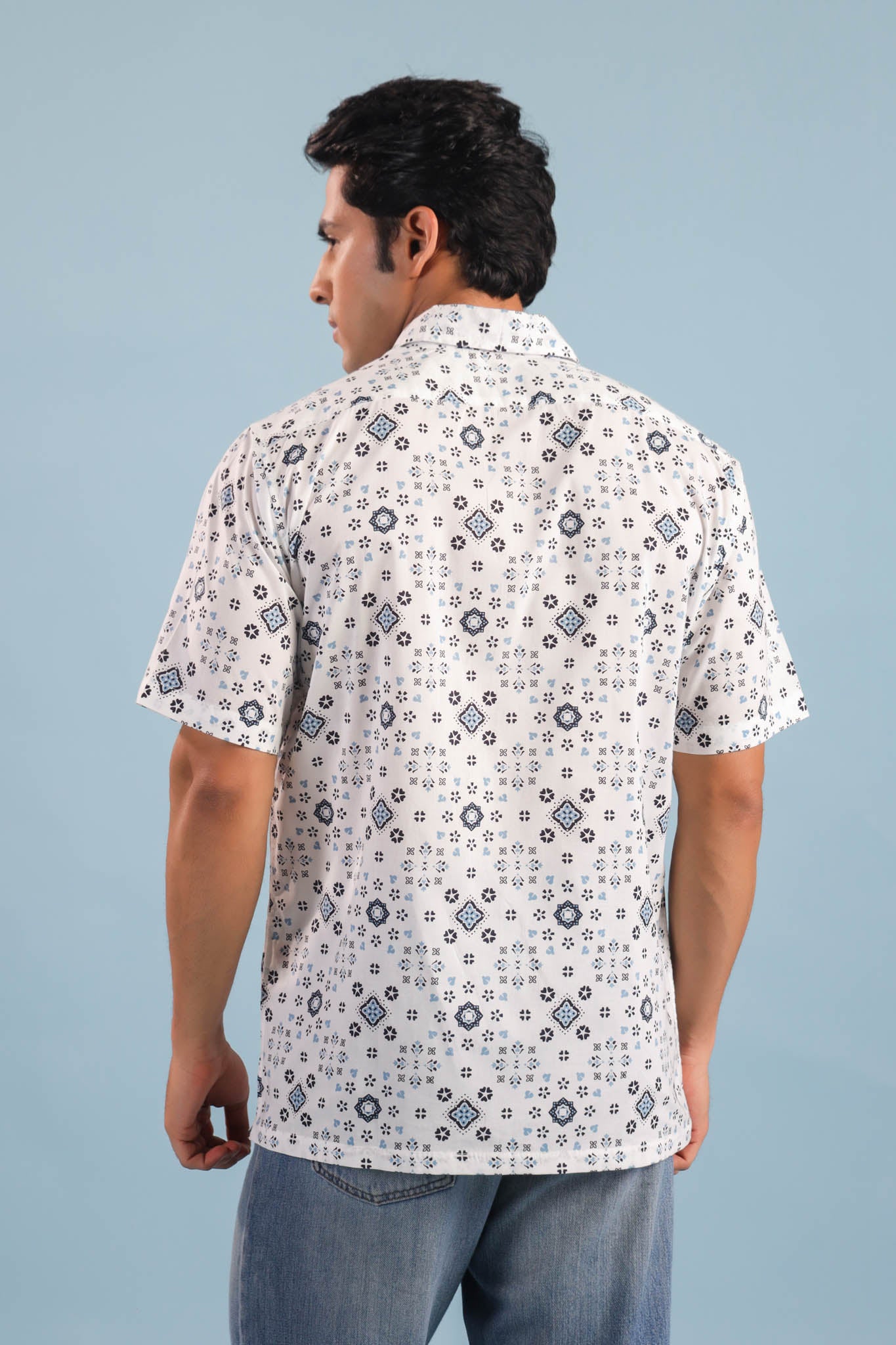 Geometric Print Cotton Shirt – White/Blue