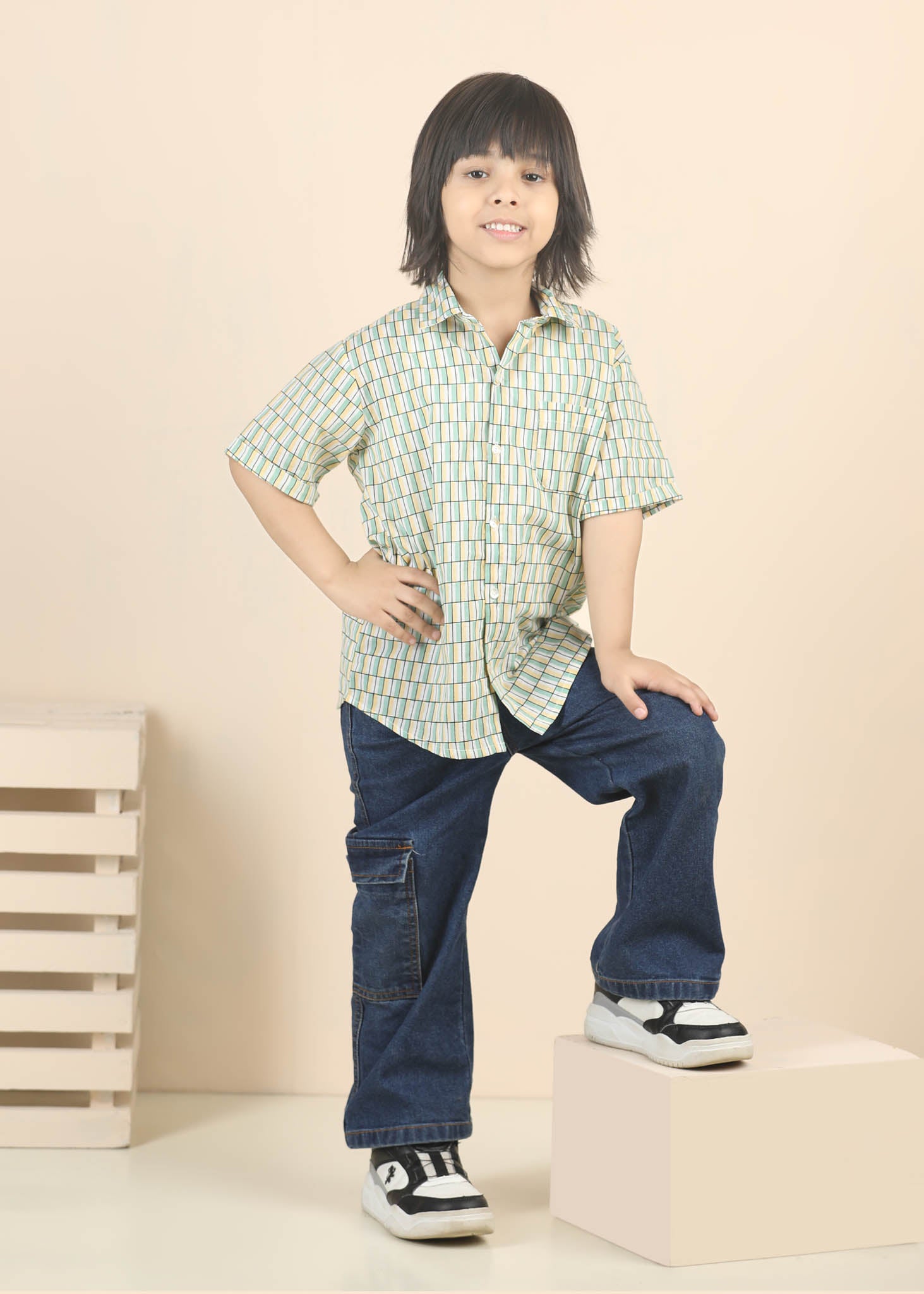 Half Sleeve Cotton Shirt – Green/Yellow (6M–12 Yrs)