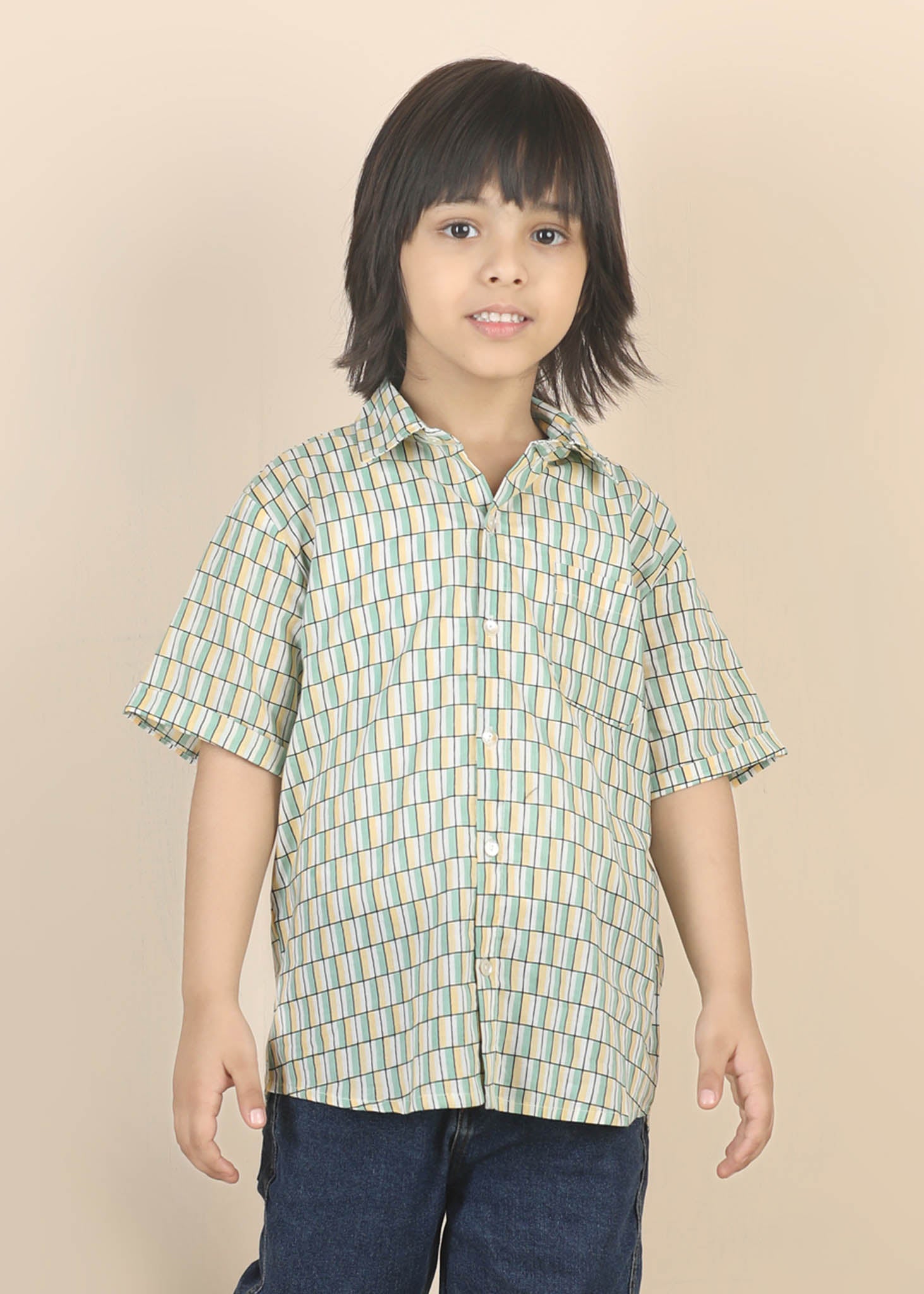 Half Sleeve Cotton Shirt – Green/Yellow (6M–12 Yrs)