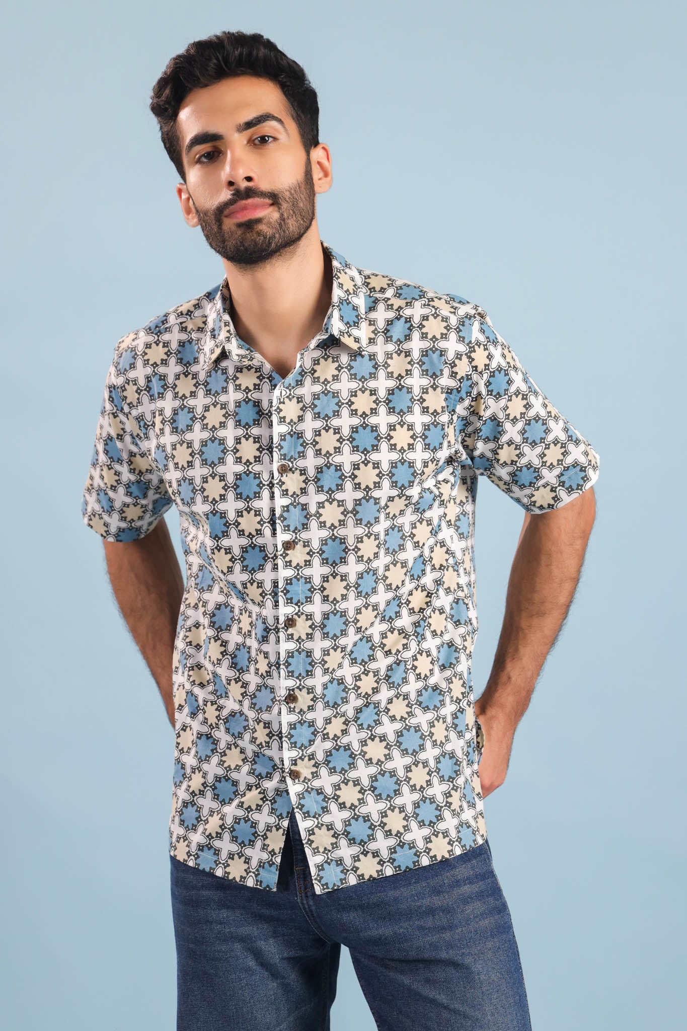 Geometric Print Cotton Shirt – White/Blue