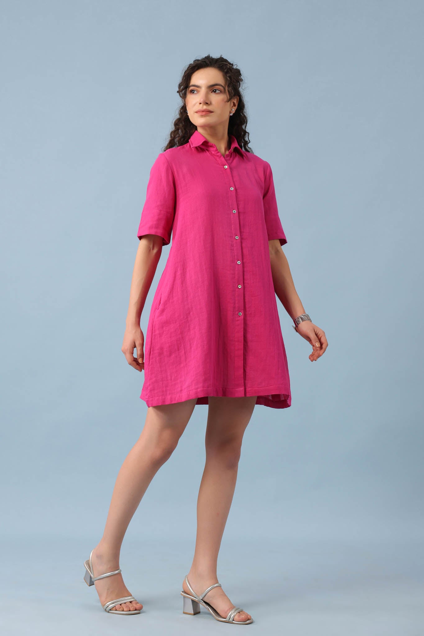 Midi Shirt Dress- Fuchsia