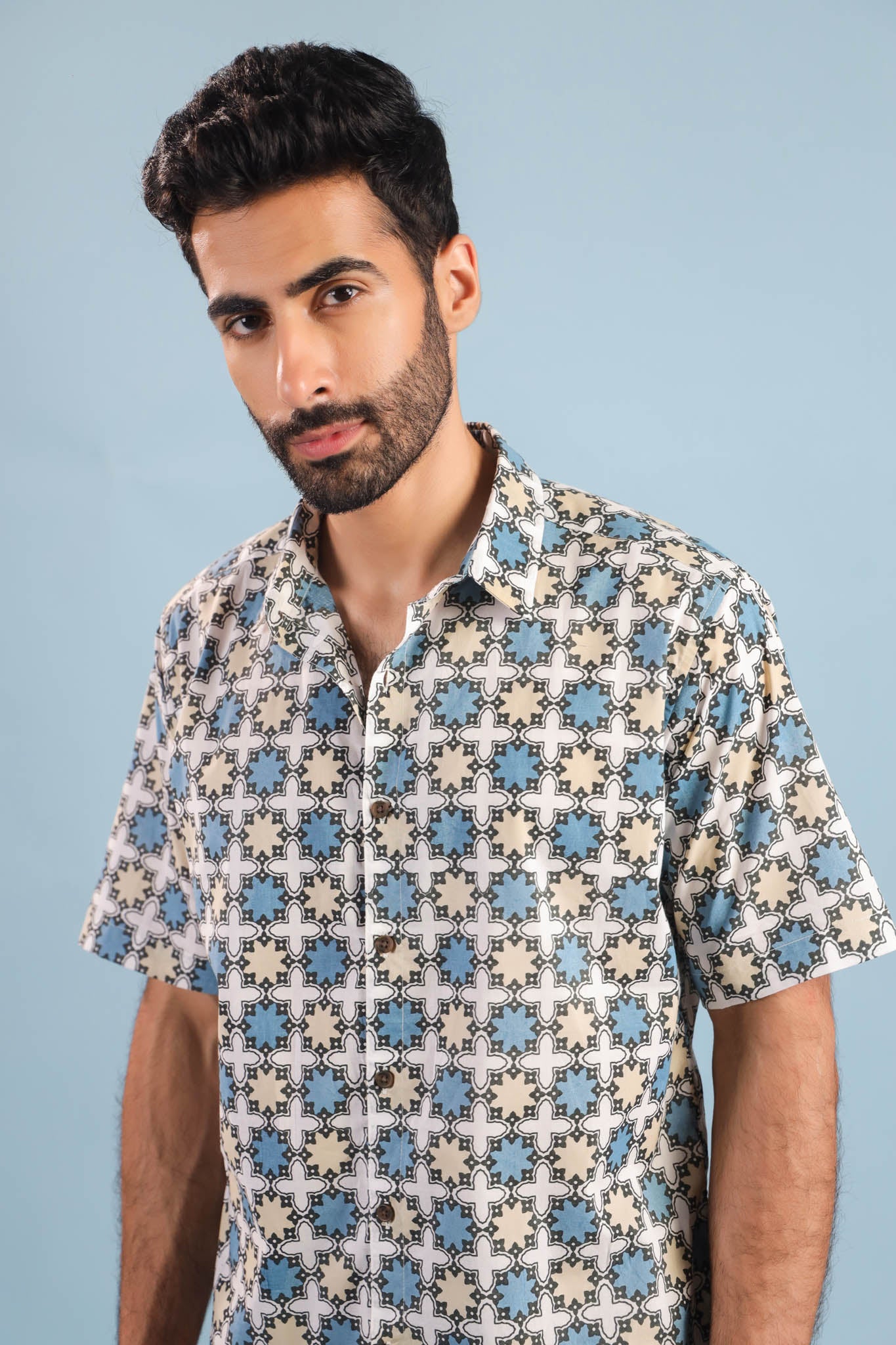 Geometric Print Cotton Shirt – White/Blue