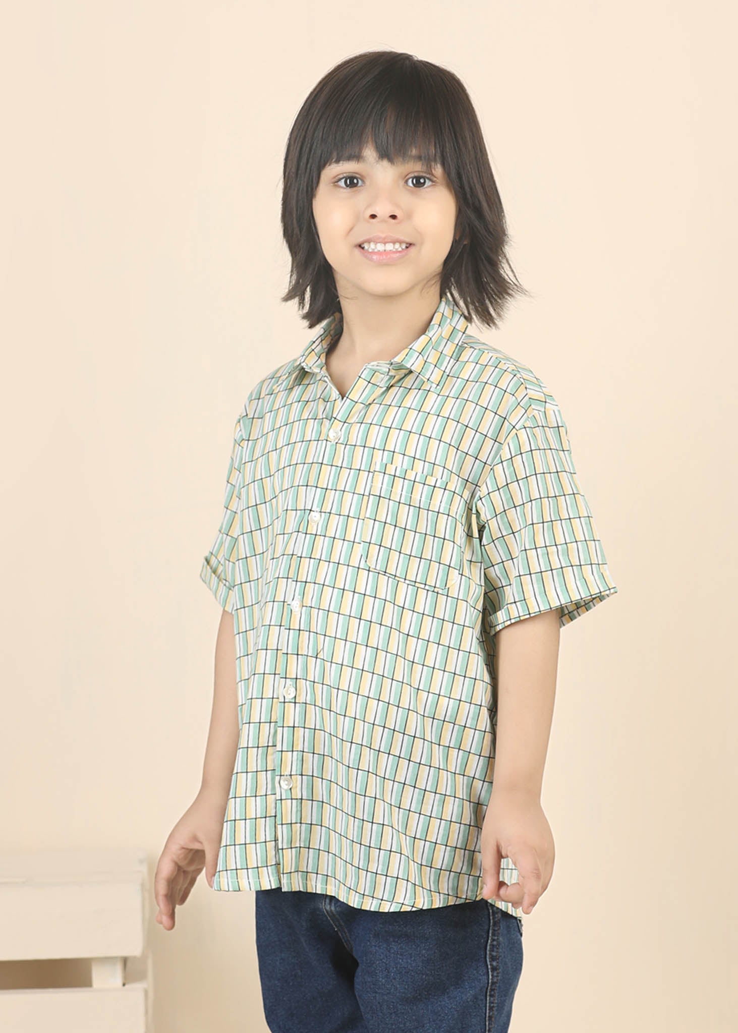 Half Sleeve Cotton Shirt – Green/Yellow (6M–12 Yrs)