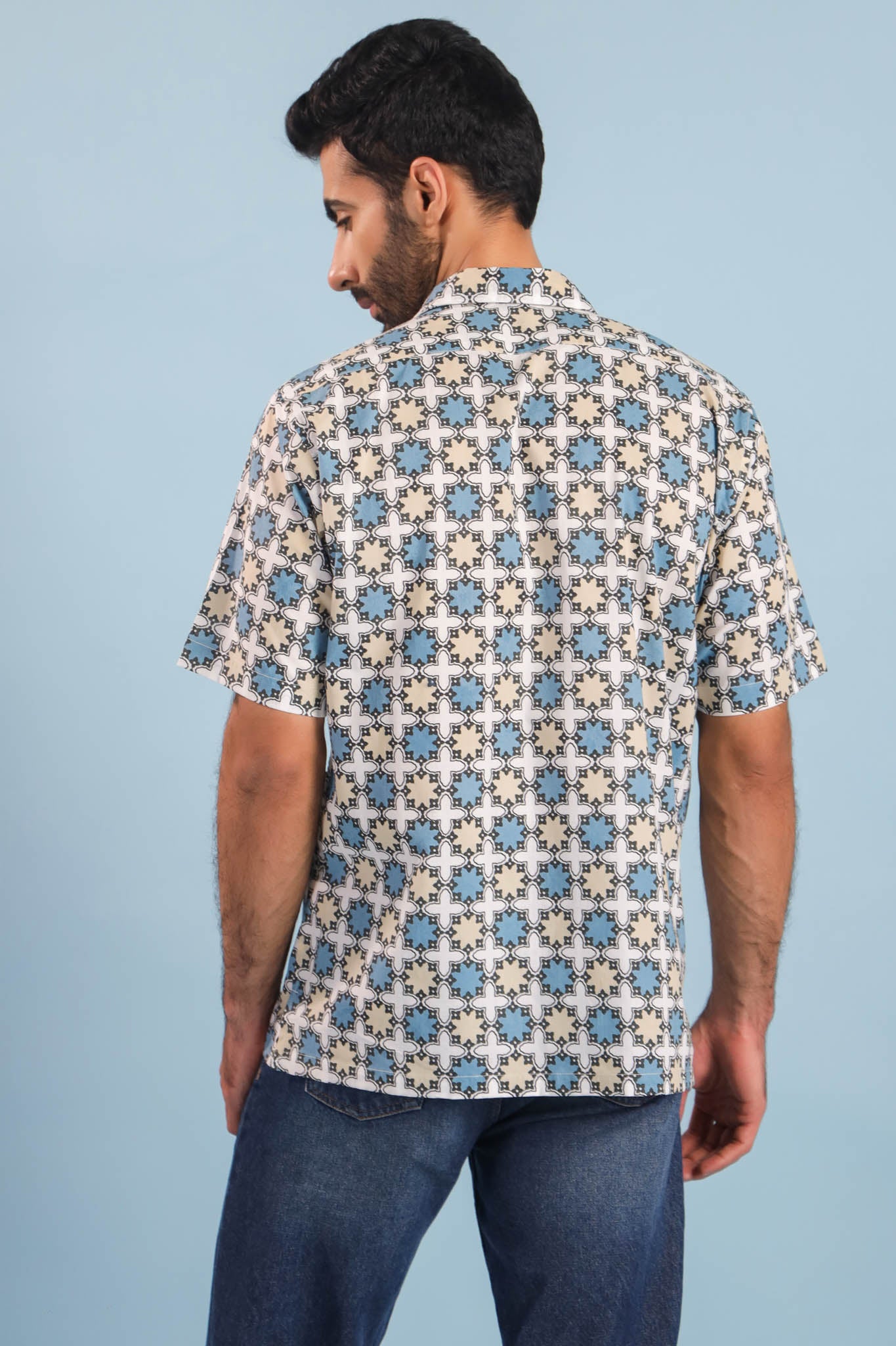 Geometric Print Cotton Shirt – White/Blue