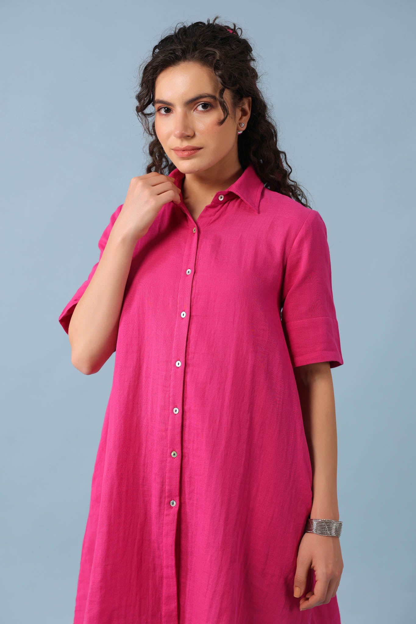 Midi Shirt Dress- Fuchsia