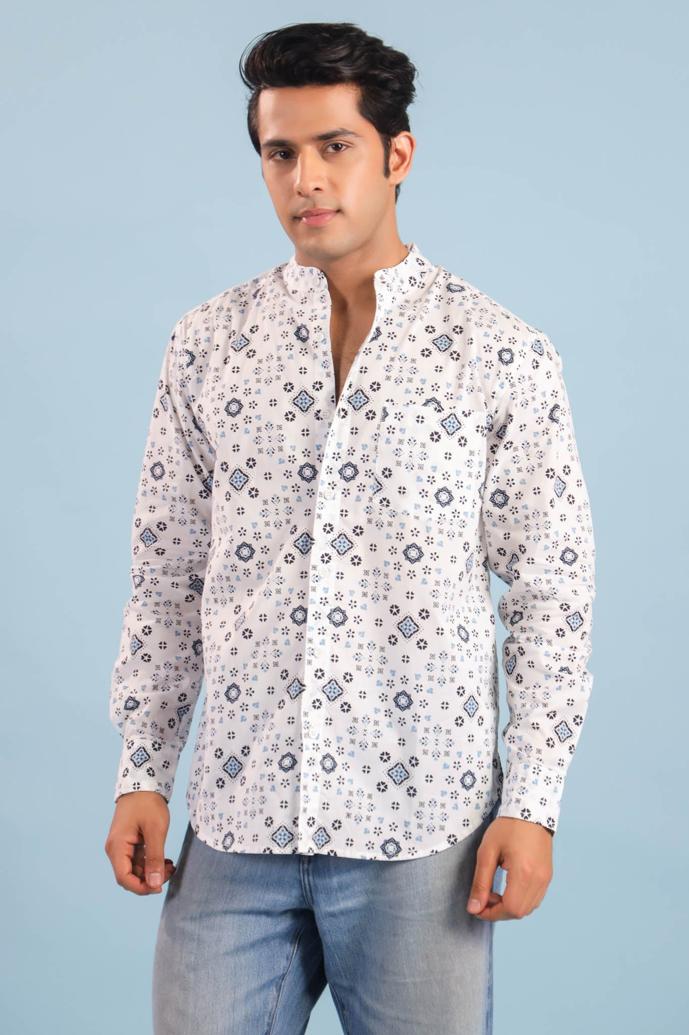 Chinese Collar Cotton Shirt-White/Blue
