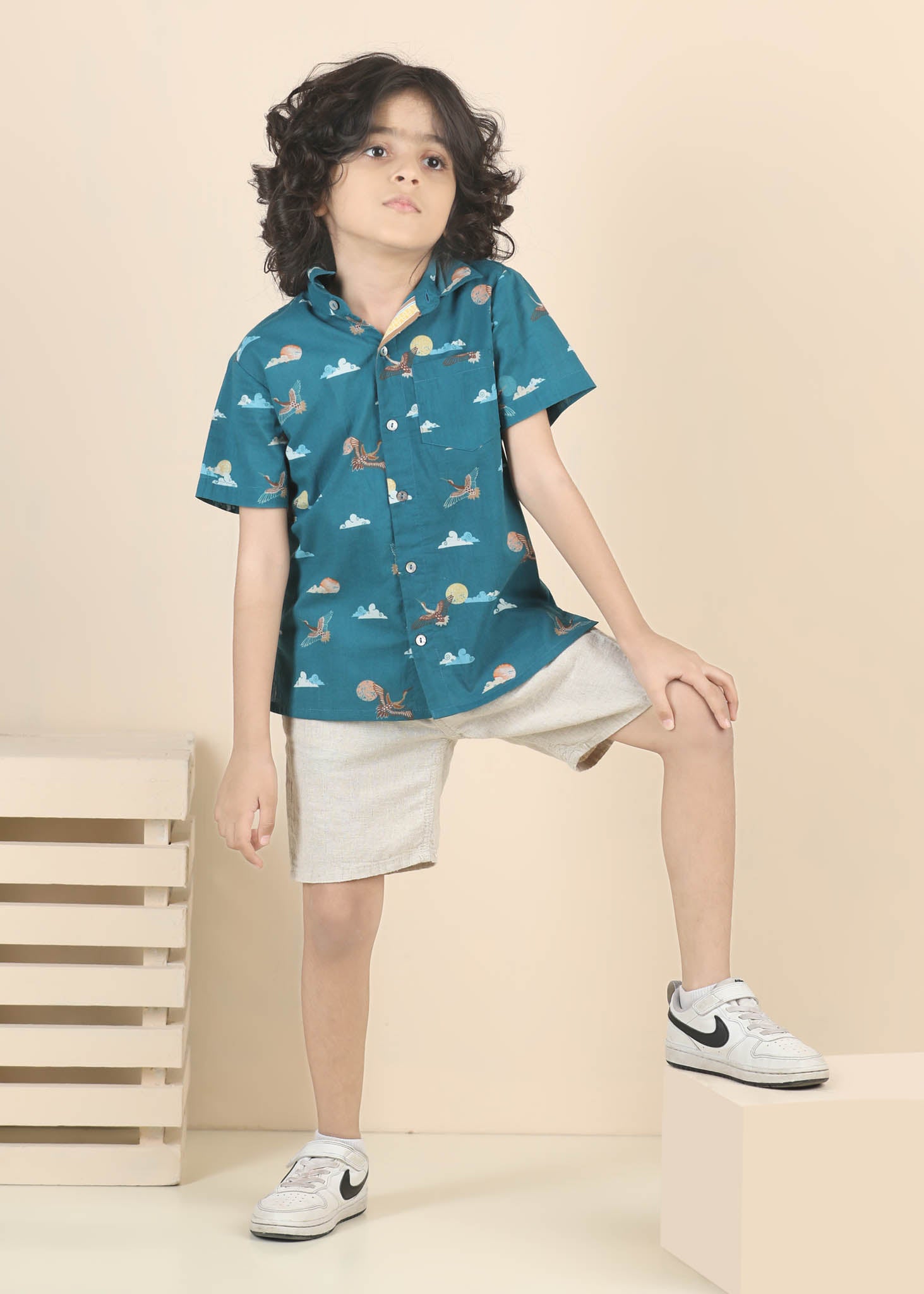 Rising Sun Cotton Shirt – Teal (6M–12 Yrs)
