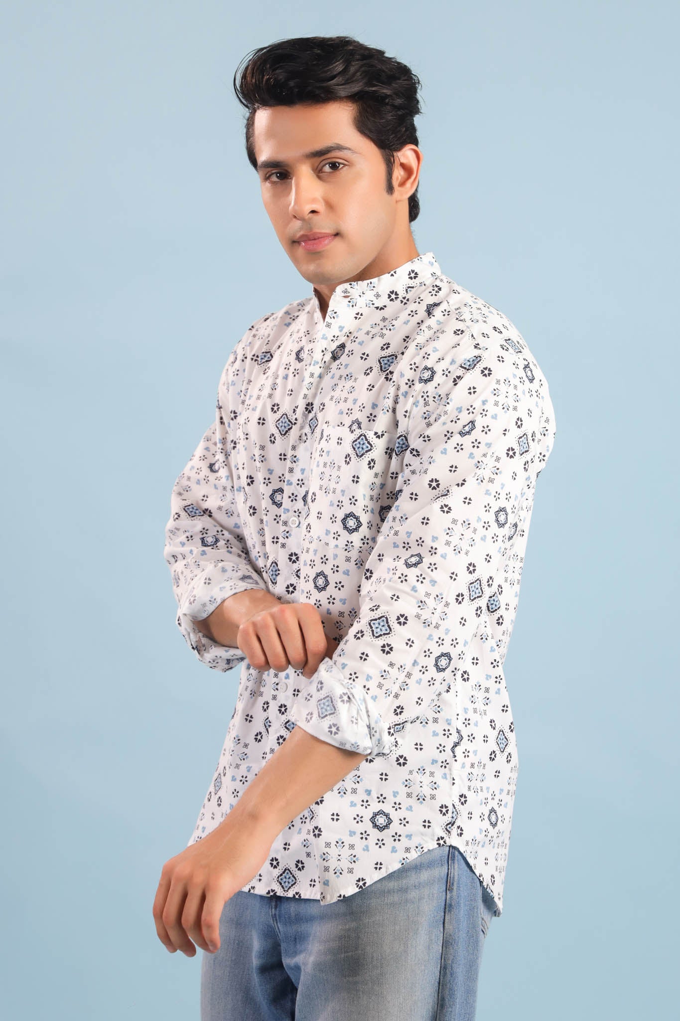 Chinese Collar Cotton Shirt-White/Blue