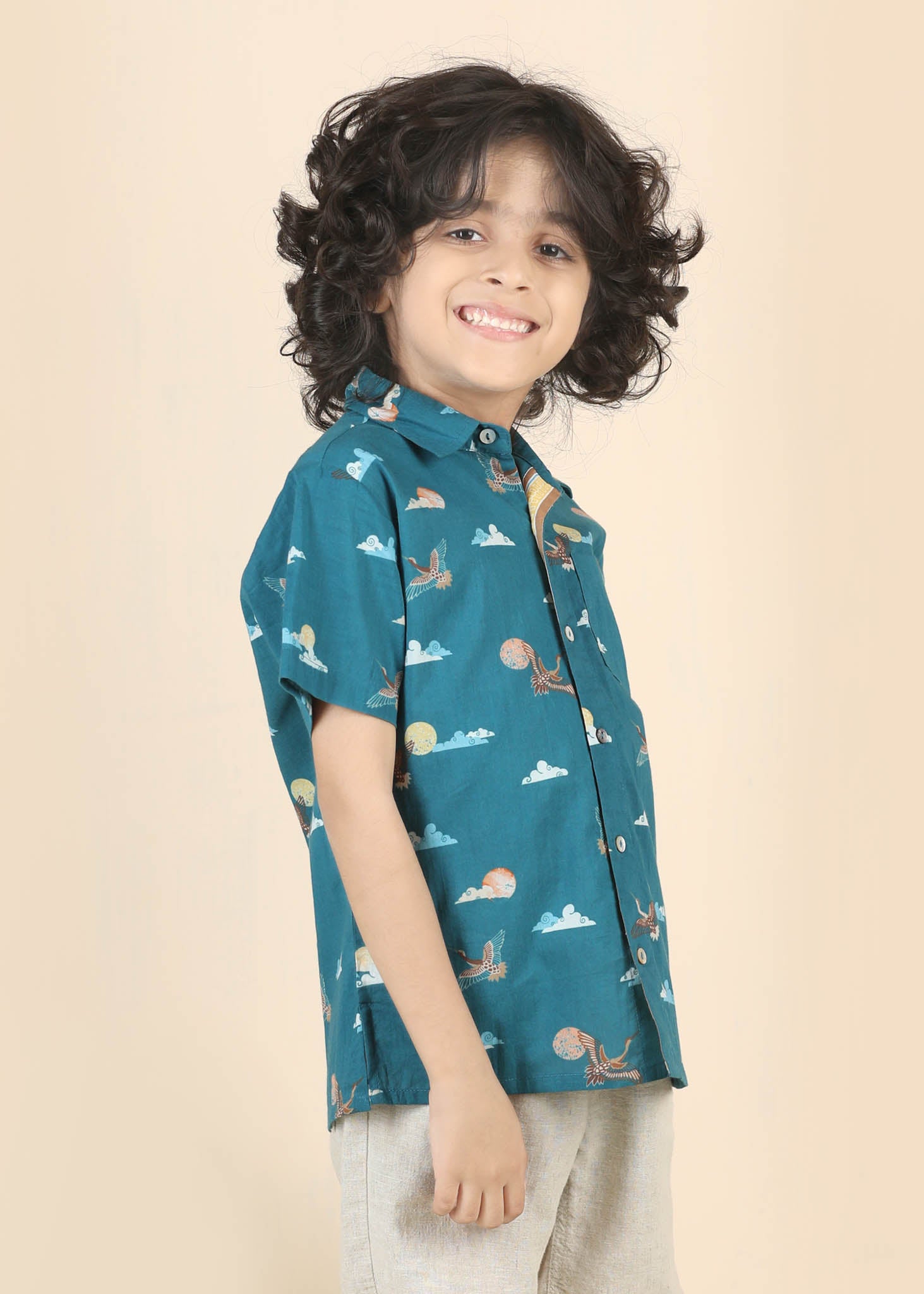 Rising Sun Cotton Shirt – Teal (6M–12 Yrs)