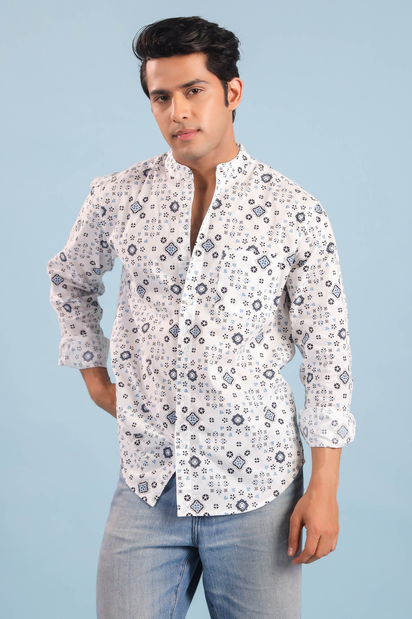 Chinese Collar Cotton Shirt-White/Blue