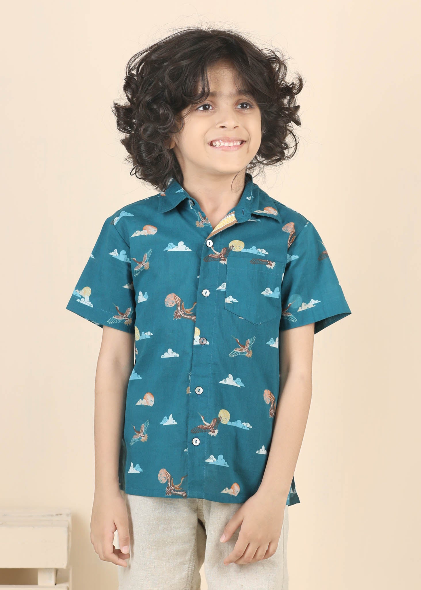 Rising Sun Cotton Shirt – Teal (6M–12 Yrs)