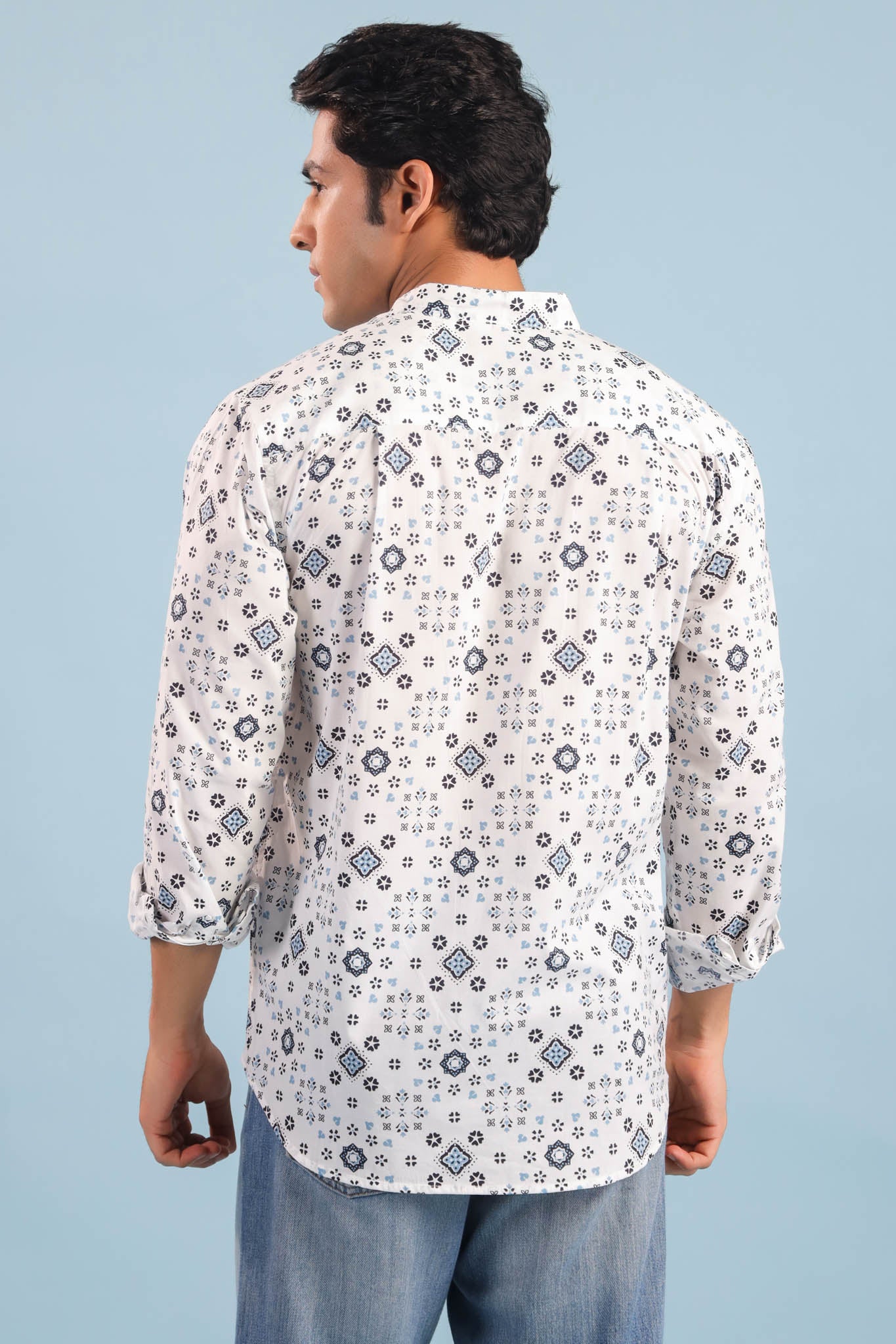 Chinese Collar Cotton Shirt-White/Blue