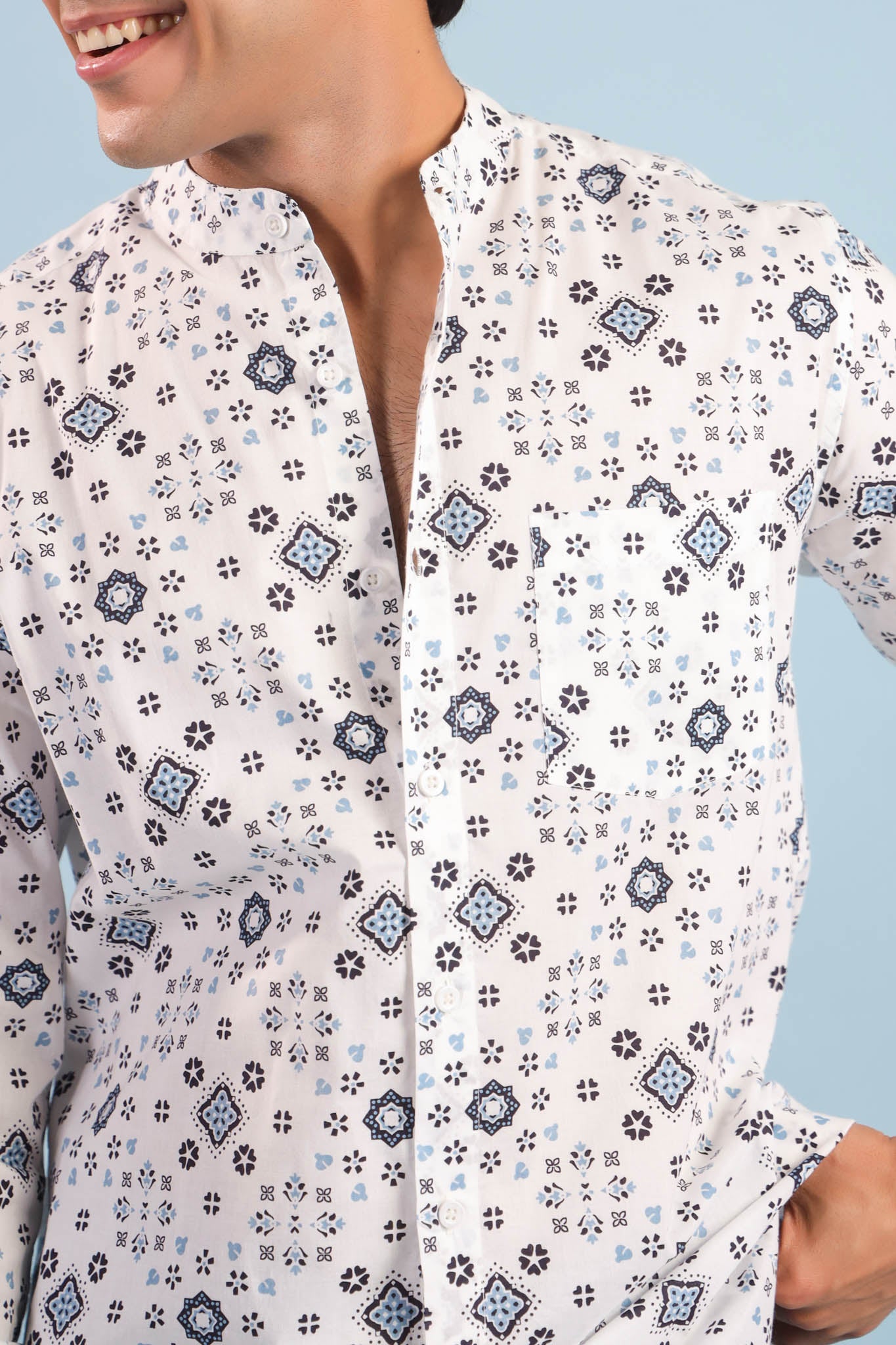Chinese Collar Cotton Shirt-White/Blue