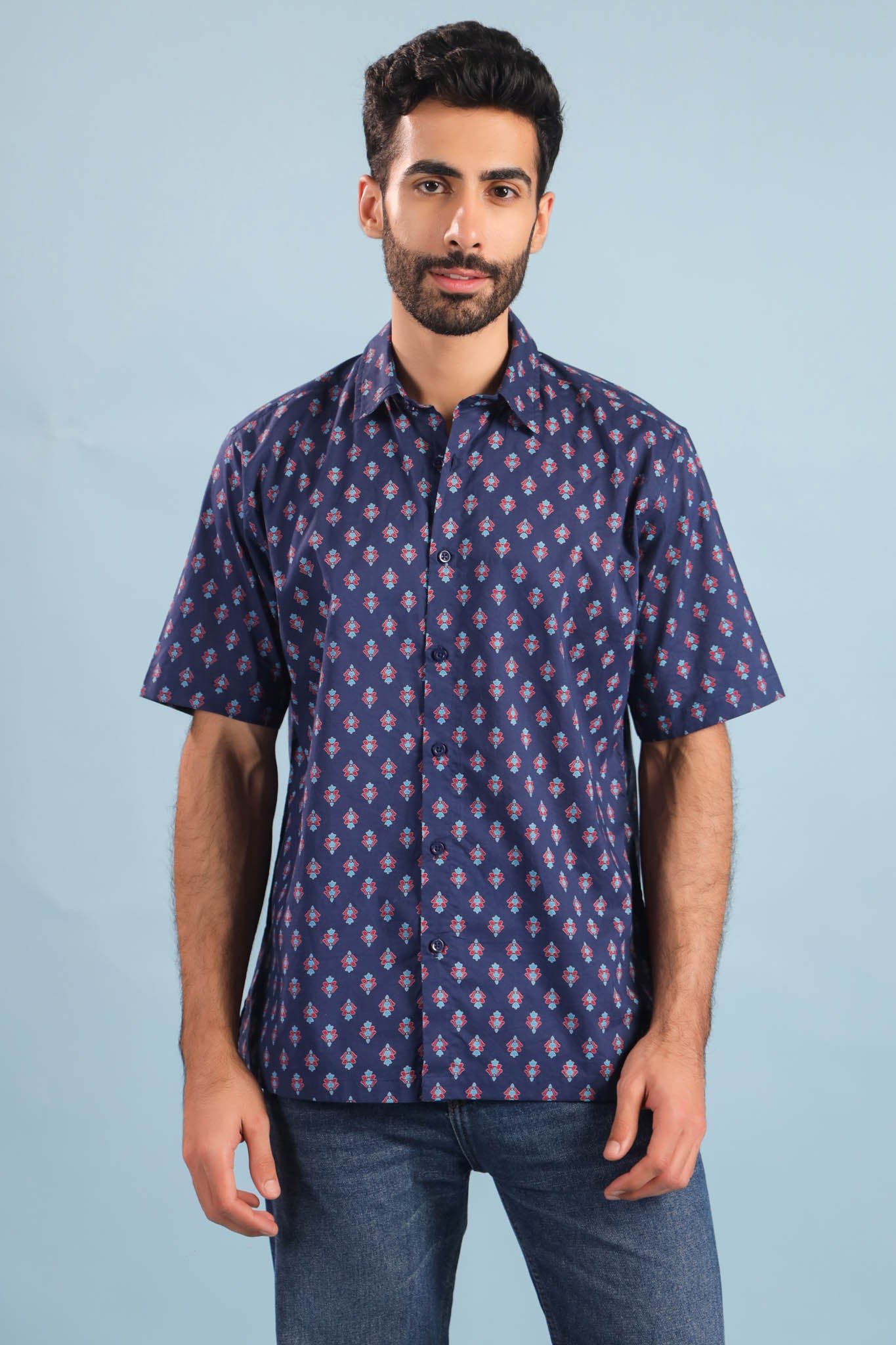 Neptune Buti Print Cotton Shirt – Blue