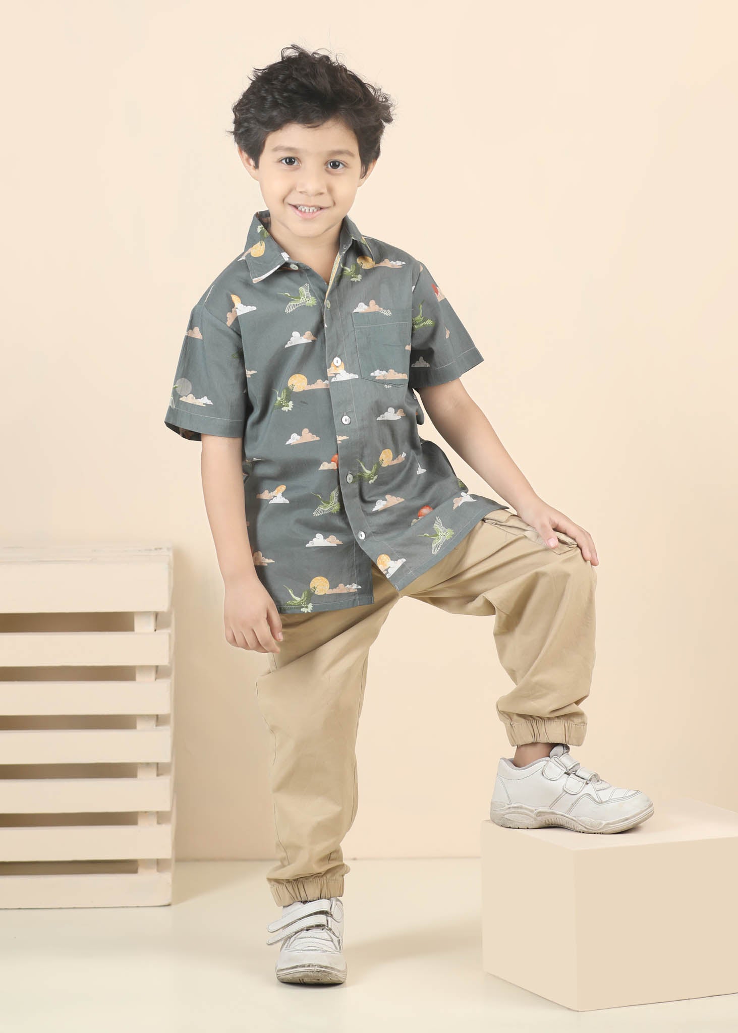 Rising Sun Cotton Shirt – Grey (6M–12 Yrs)