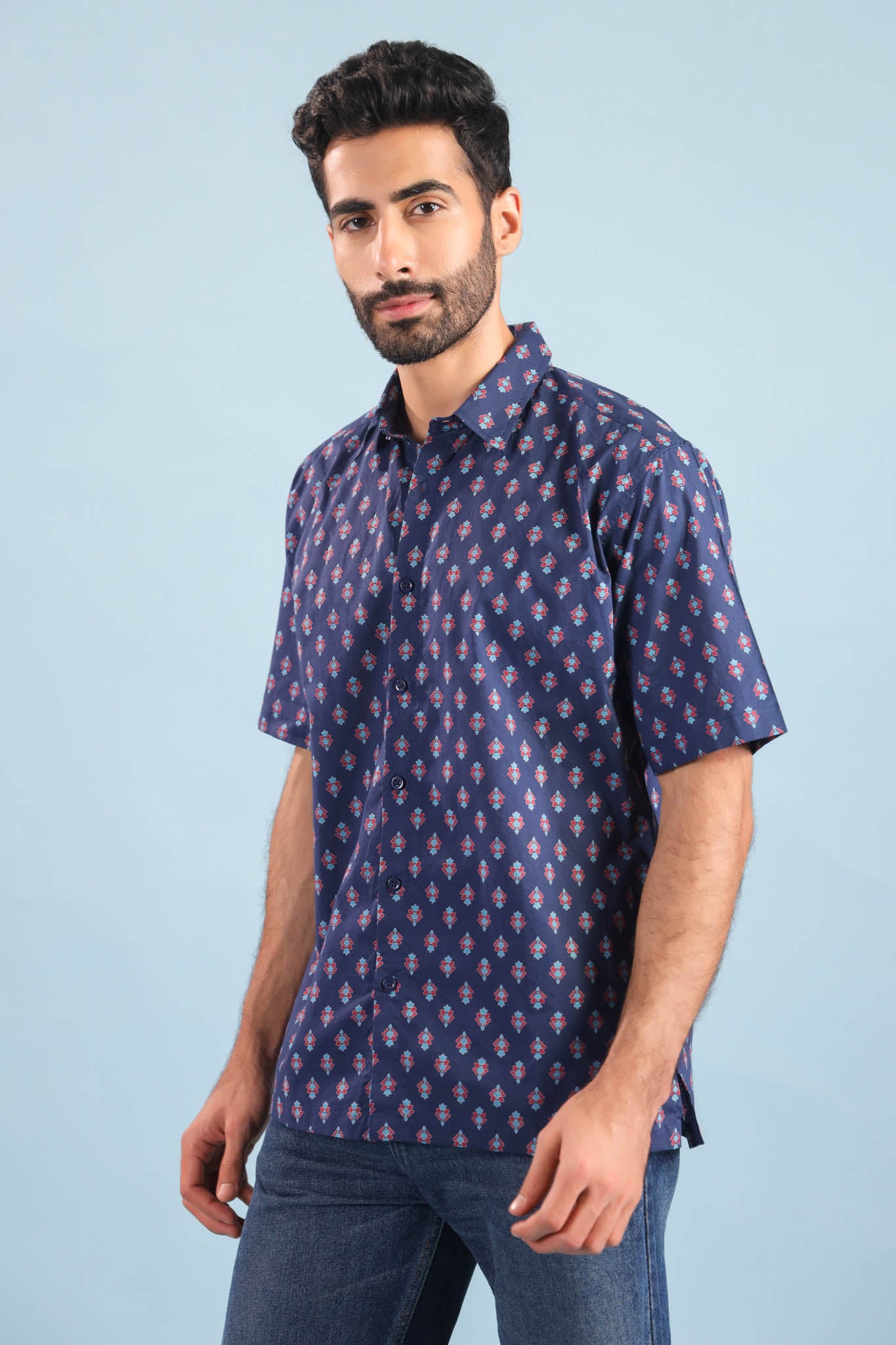 Neptune Buti Print Cotton Shirt – Blue
