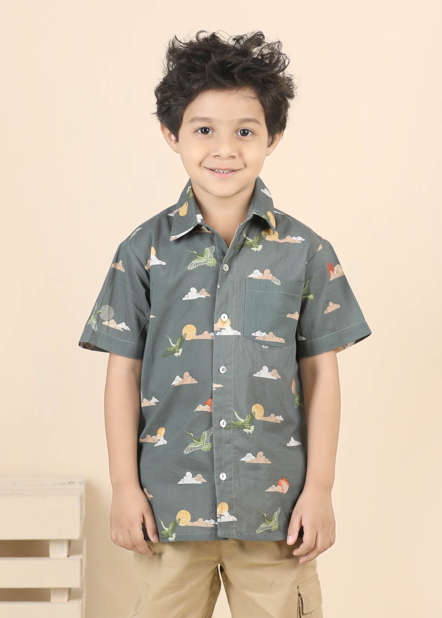 Rising Sun Cotton Shirt – Grey (6M–12 Yrs)