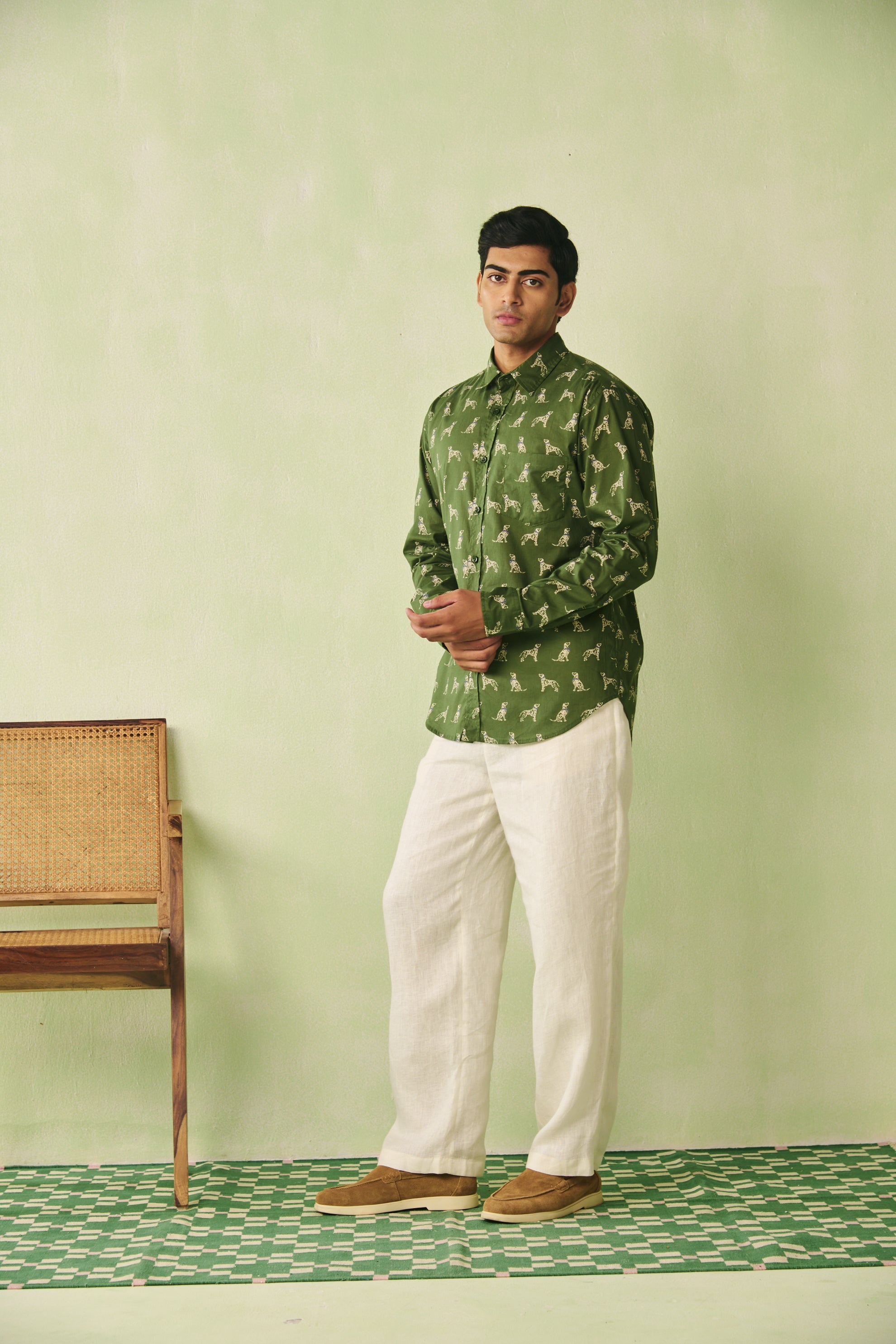 Dog Print Cotton Shirt - Green