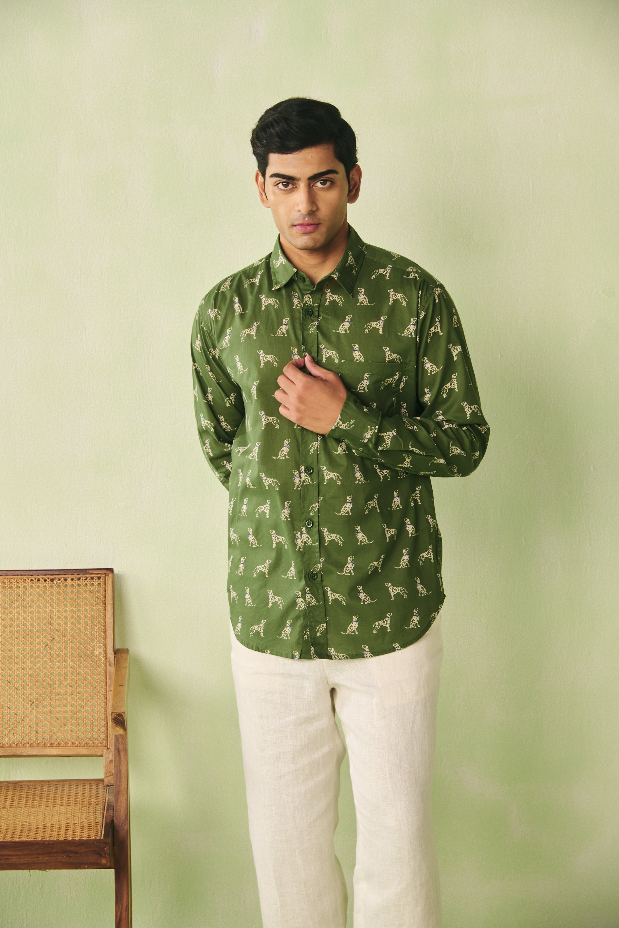 Dog Print Cotton Shirt - Green