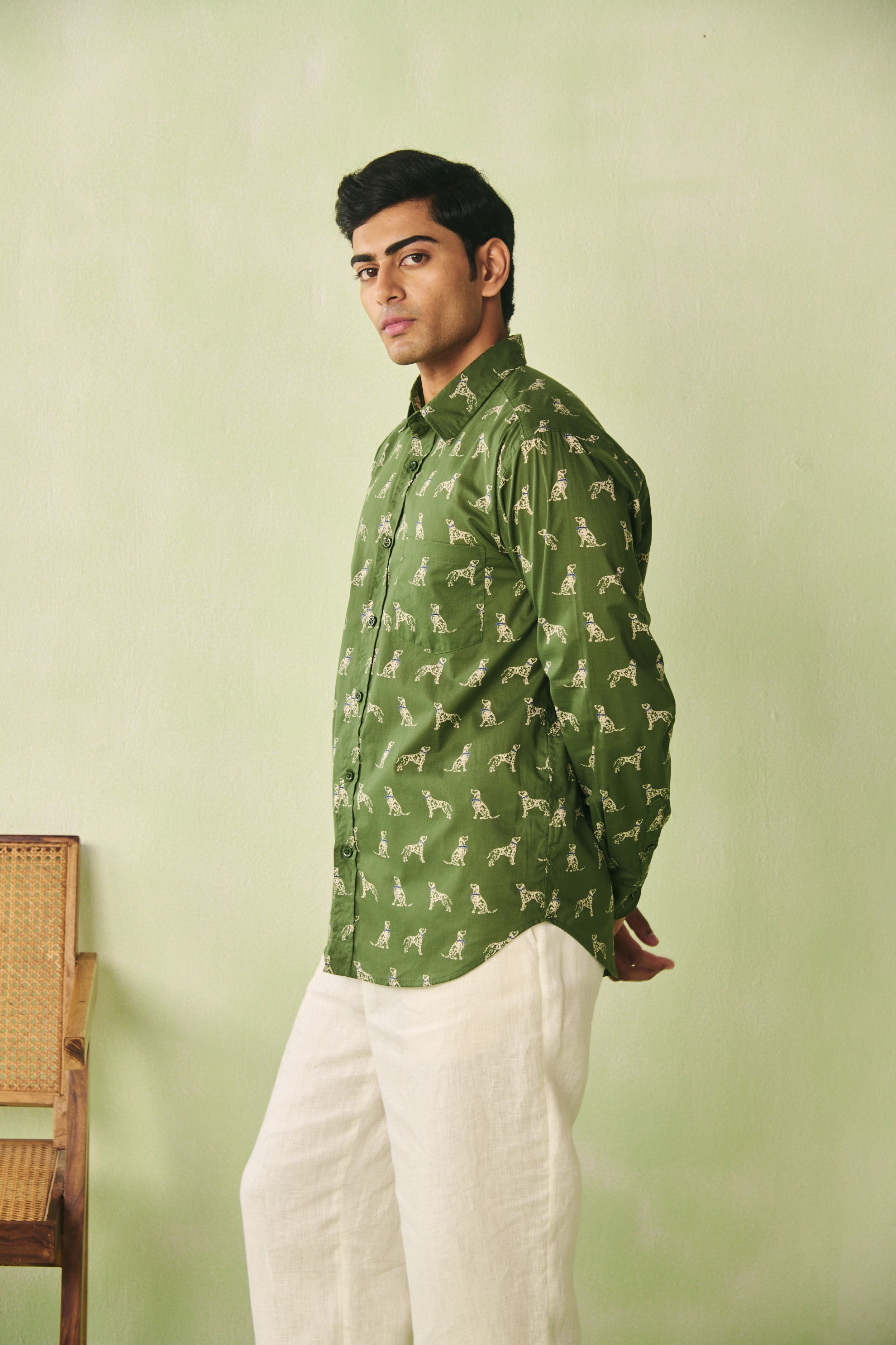 Dog Print Cotton Shirt - Green