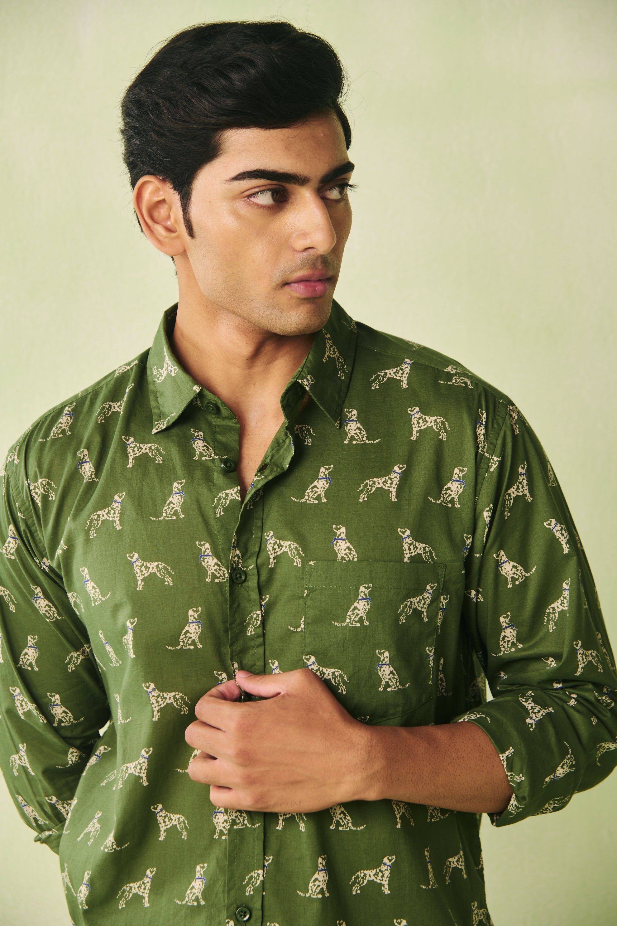 Dog Print Cotton Shirt - Green