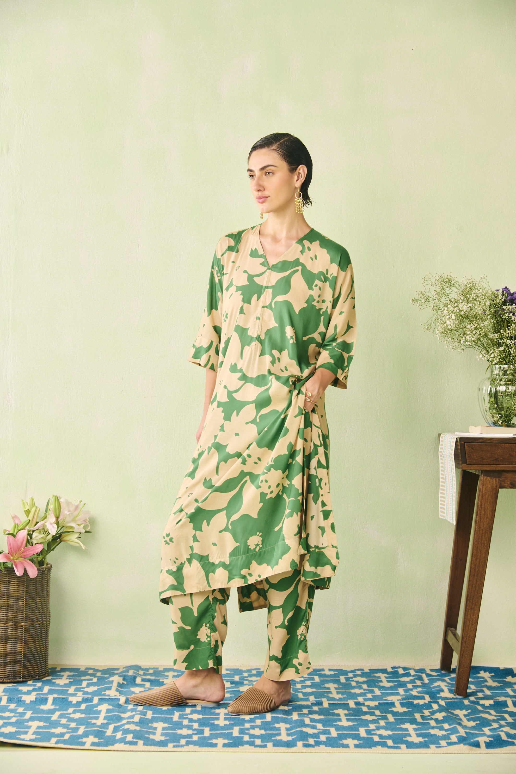Amara Kaftan Set-Beige/Green