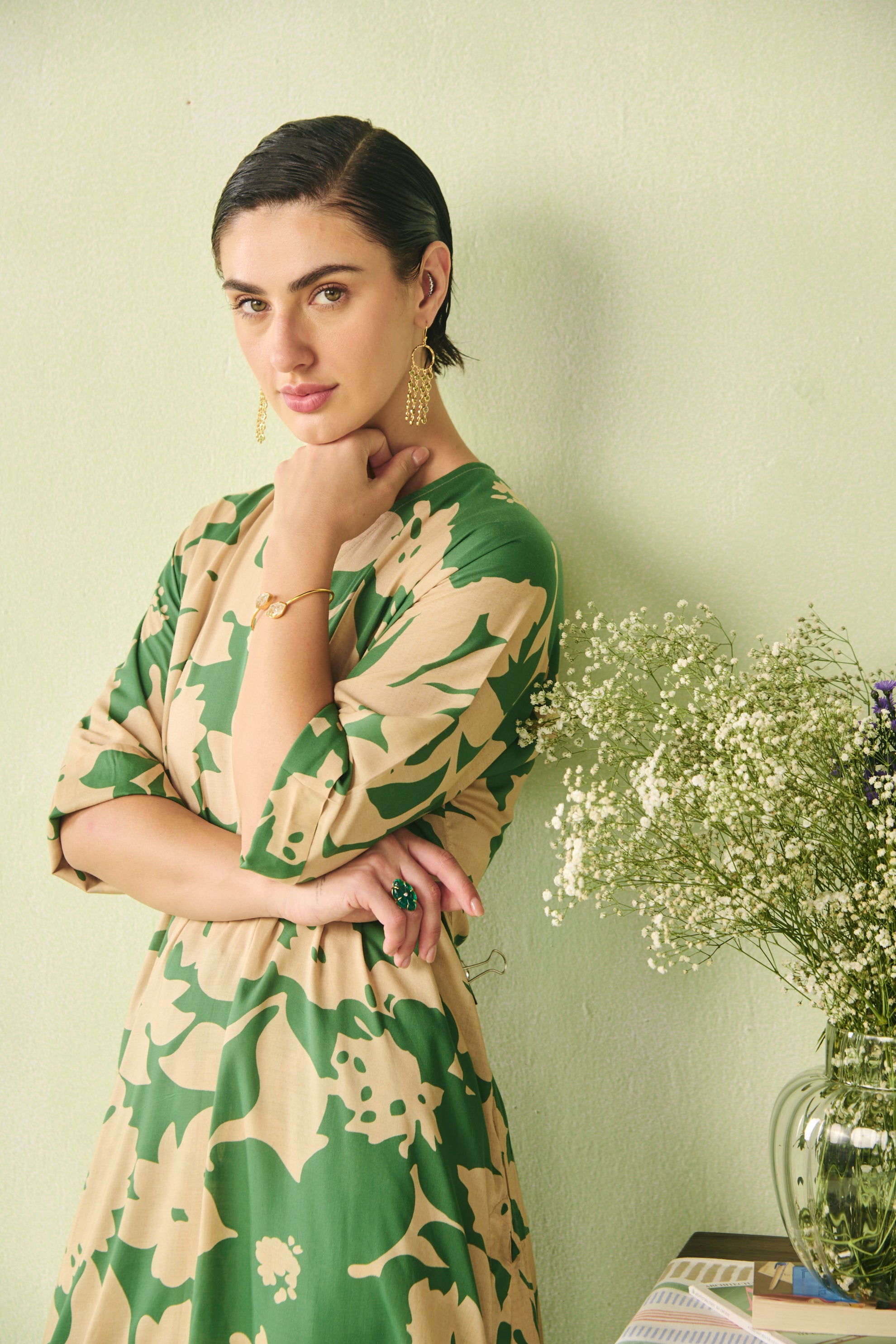 Amara Kaftan Set-Beige/Green
