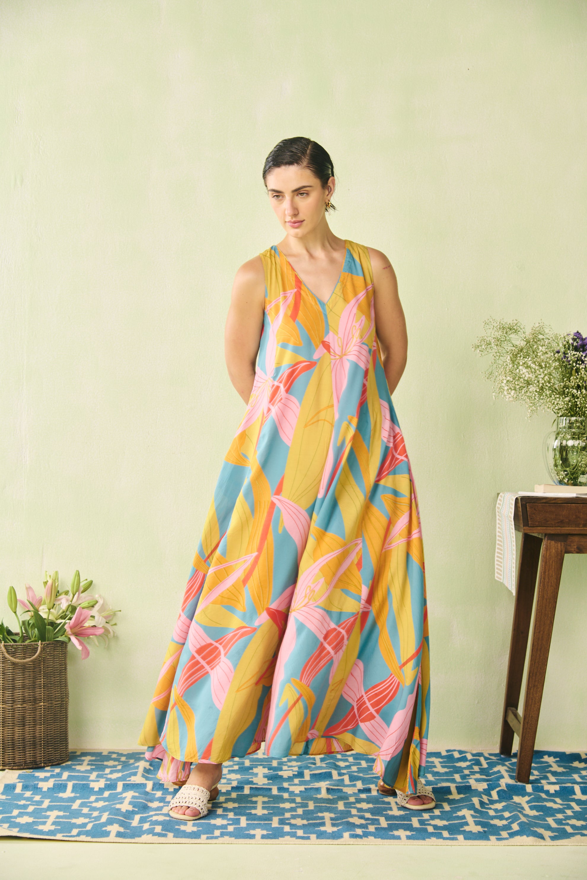 V-neck Flare Jumpsuit -Turquoise Blue