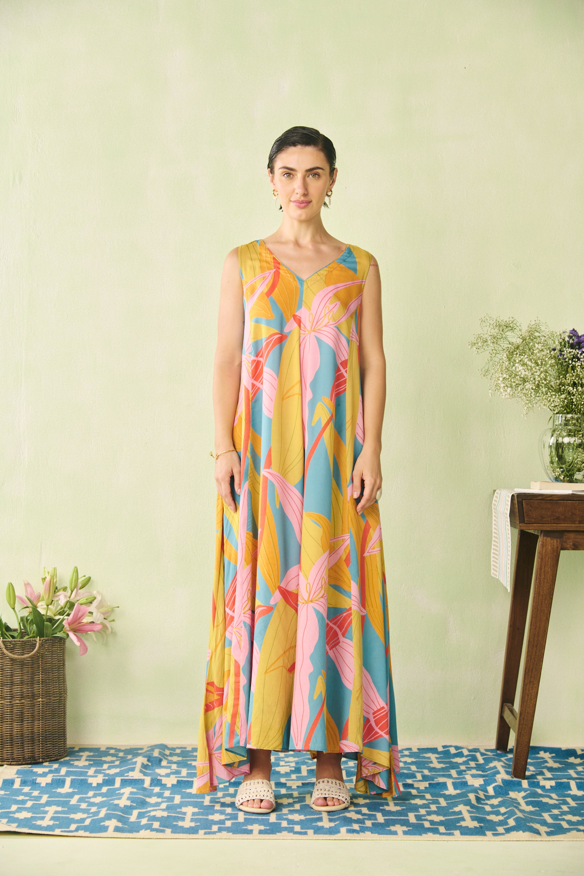 V-neck Flare Jumpsuit -Turquoise Blue
