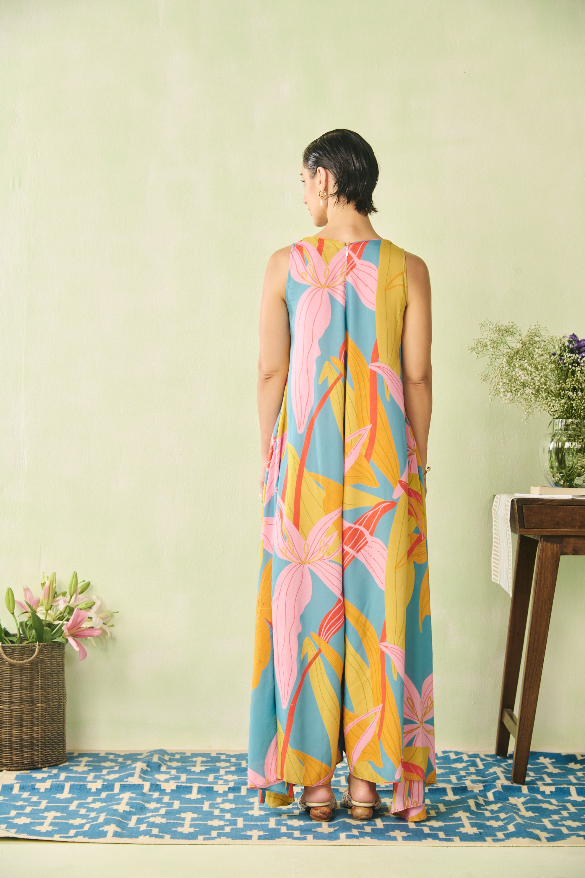 V-neck Flare Jumpsuit -Turquoise Blue