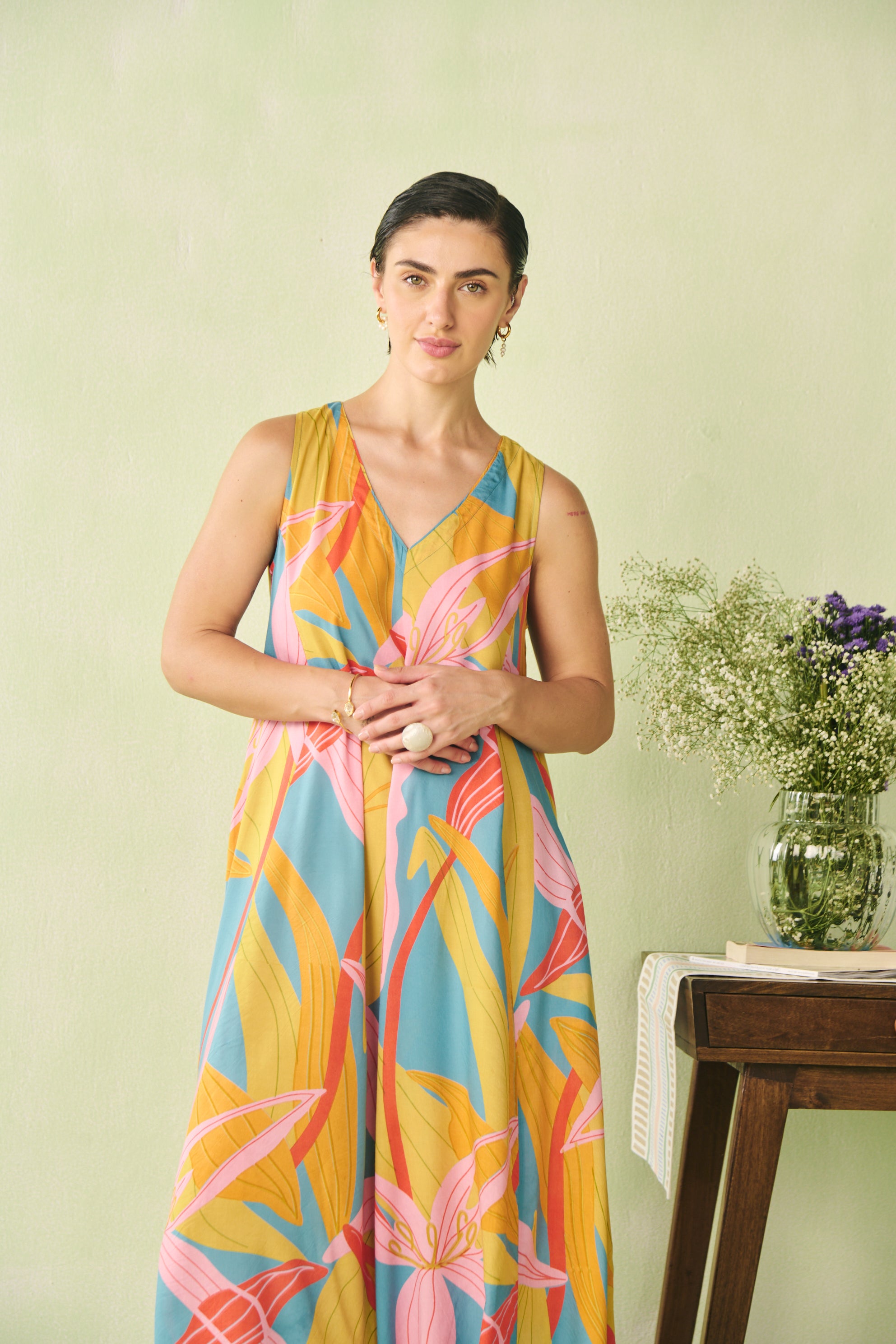 V-neck Flare Jumpsuit -Turquoise Blue