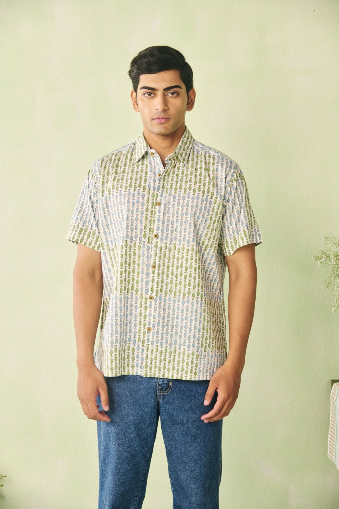 Half sleeves Printed Shirt -Blue-Green
