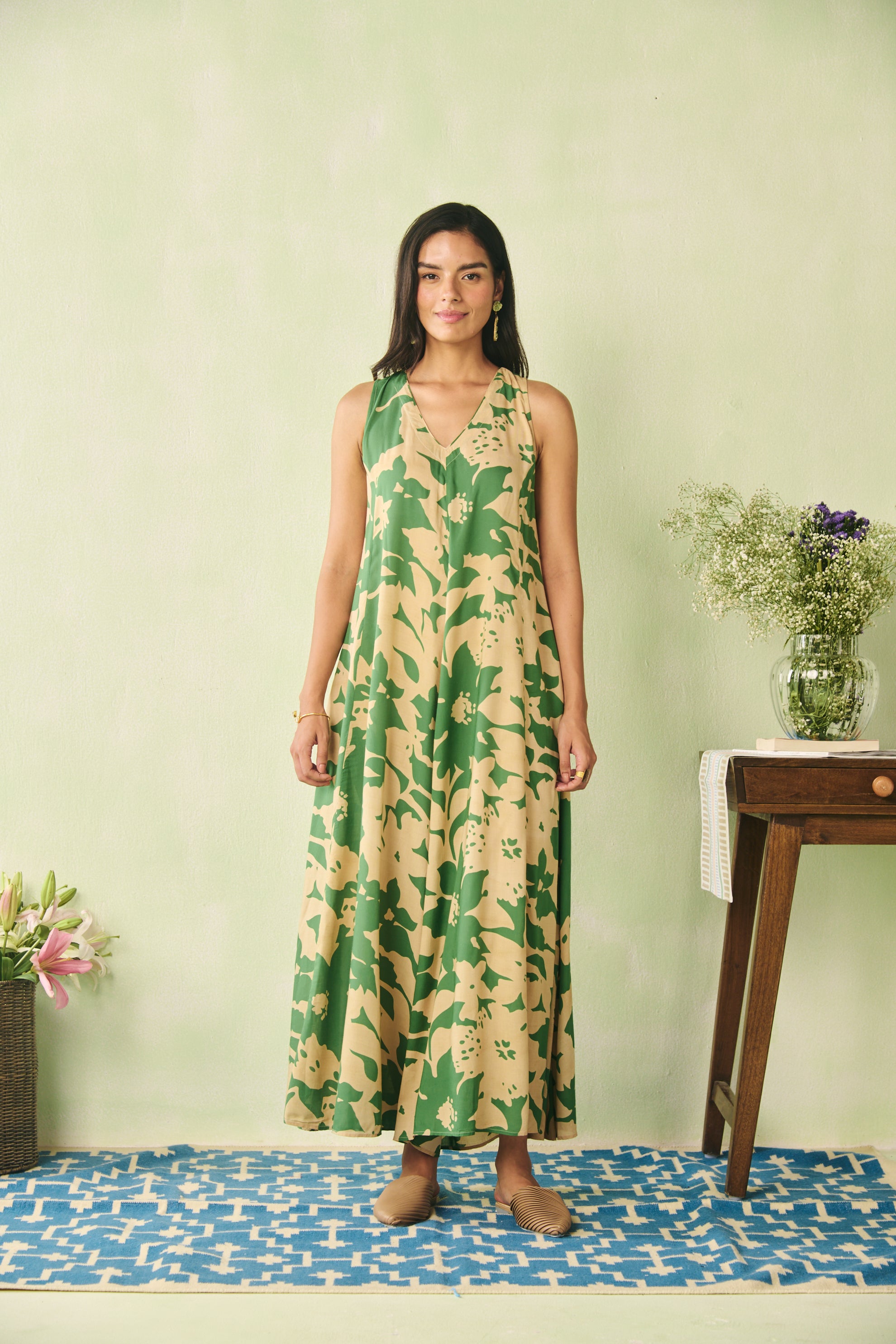 V-neck Flare Jumpsuit -Beige/Green