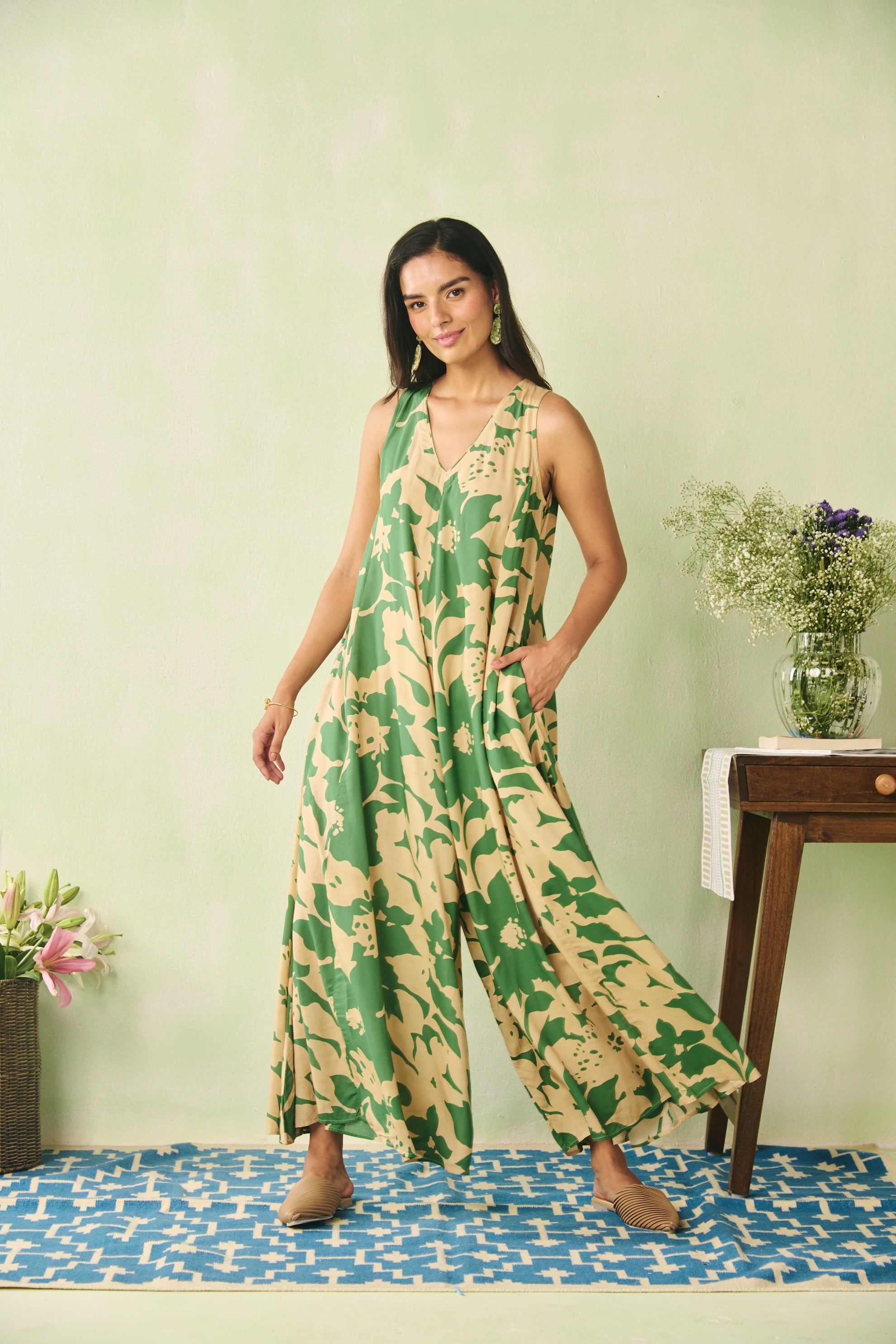 V-neck Flare Jumpsuit -Beige/Green