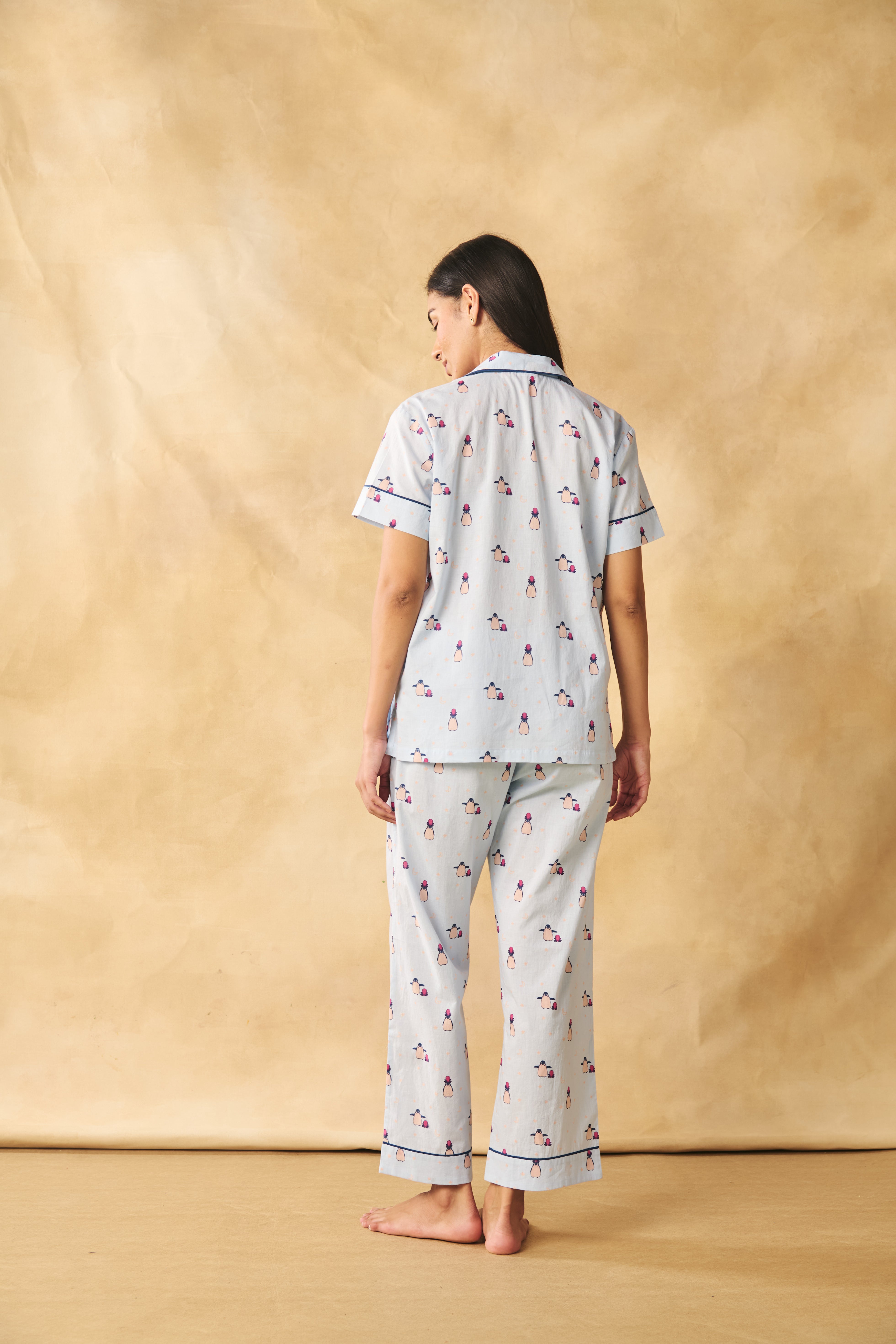 Penguin Print Cotton Night Suit Set-Blue