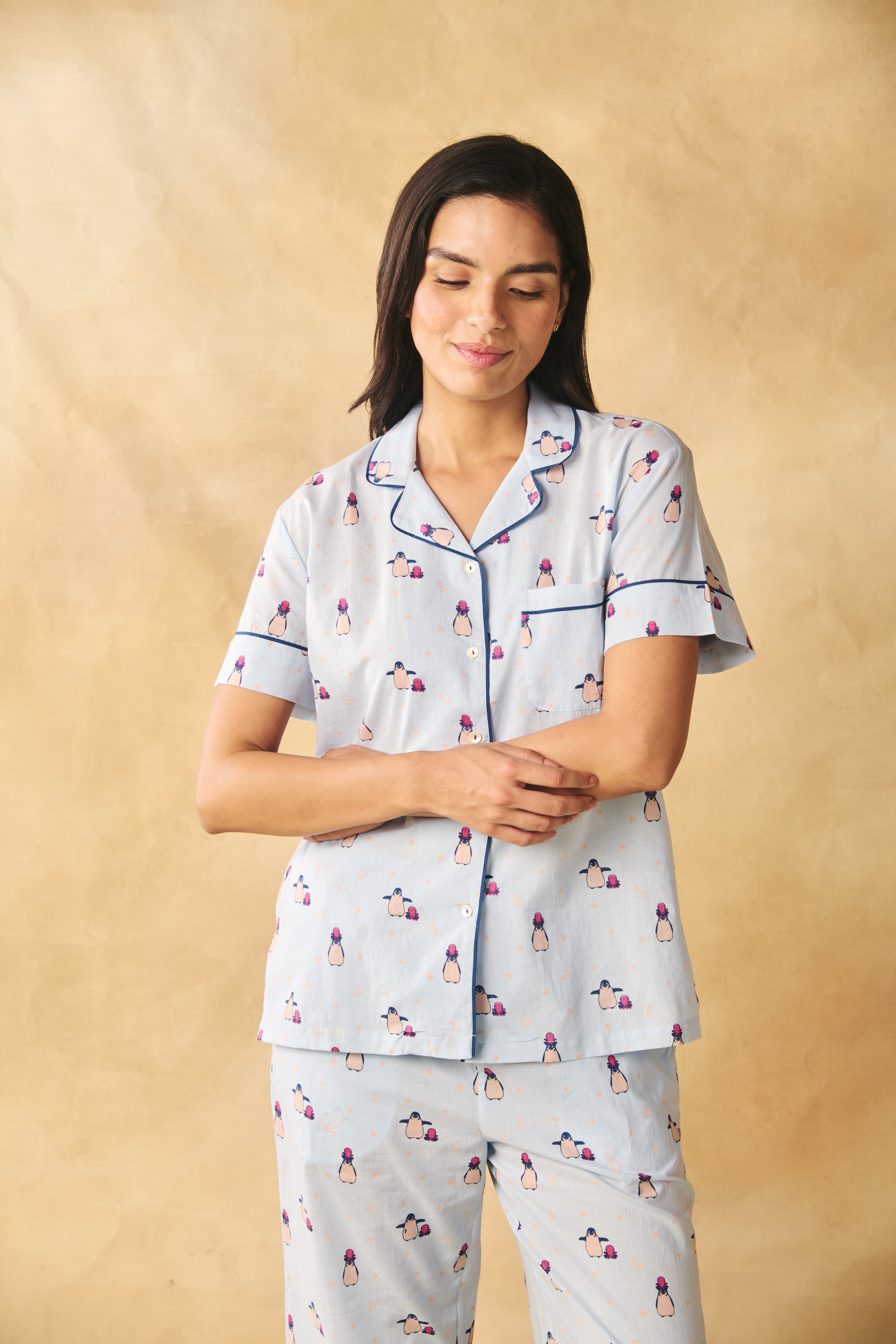 Penguin Print Cotton Night Suit Set-Blue
