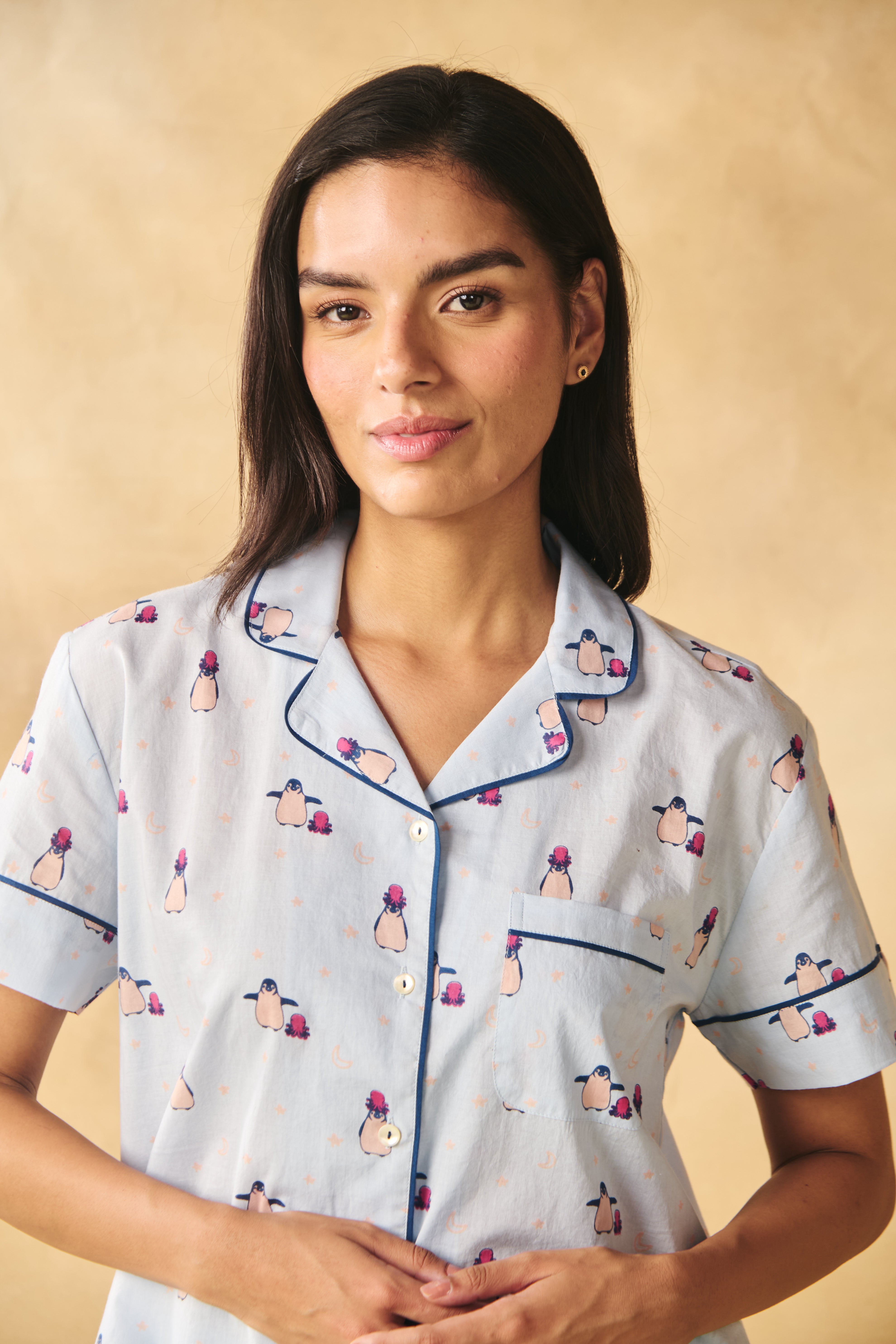 Penguin Print Cotton Night Suit Set-Blue