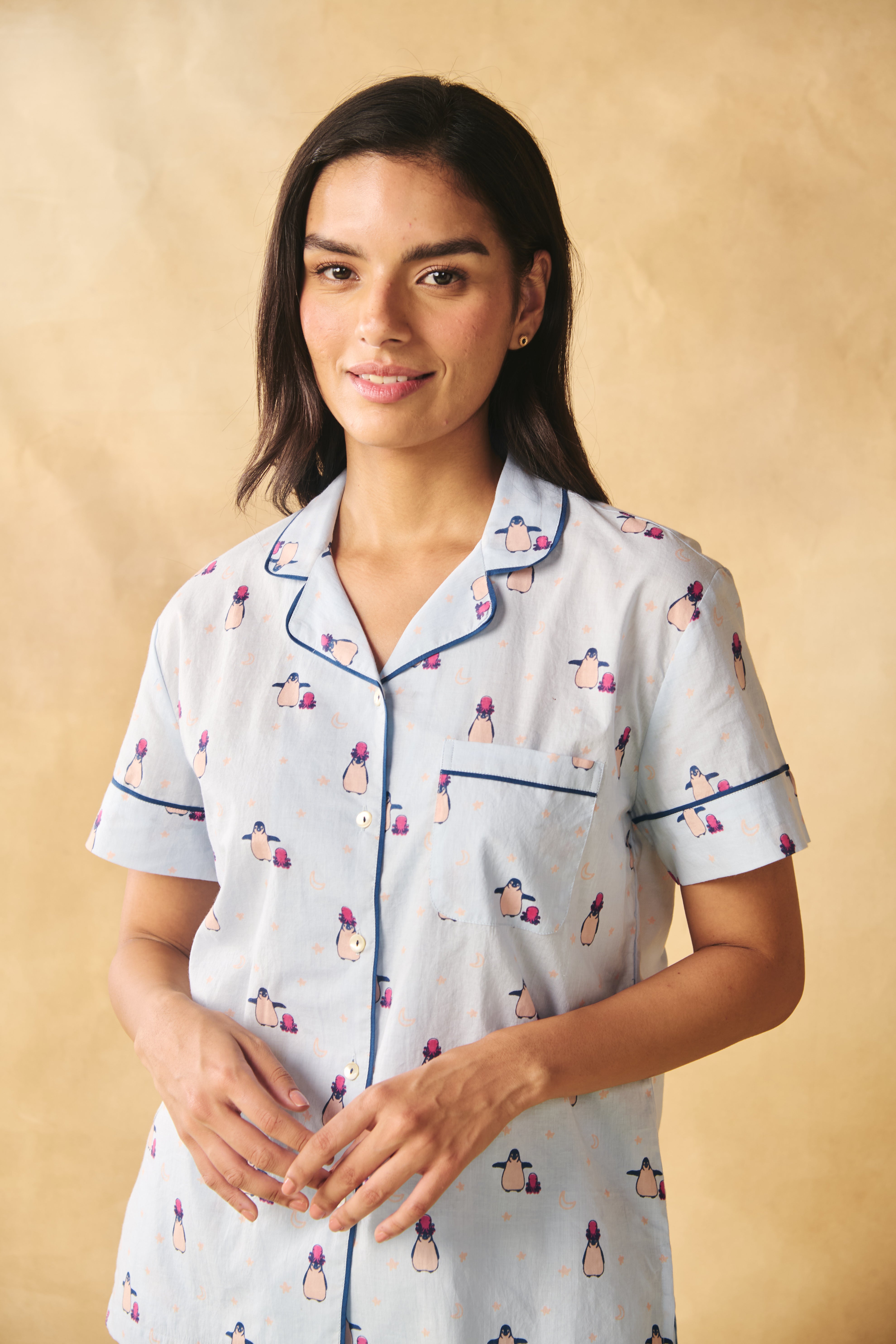 Penguin Print Cotton Night Suit Set-Blue