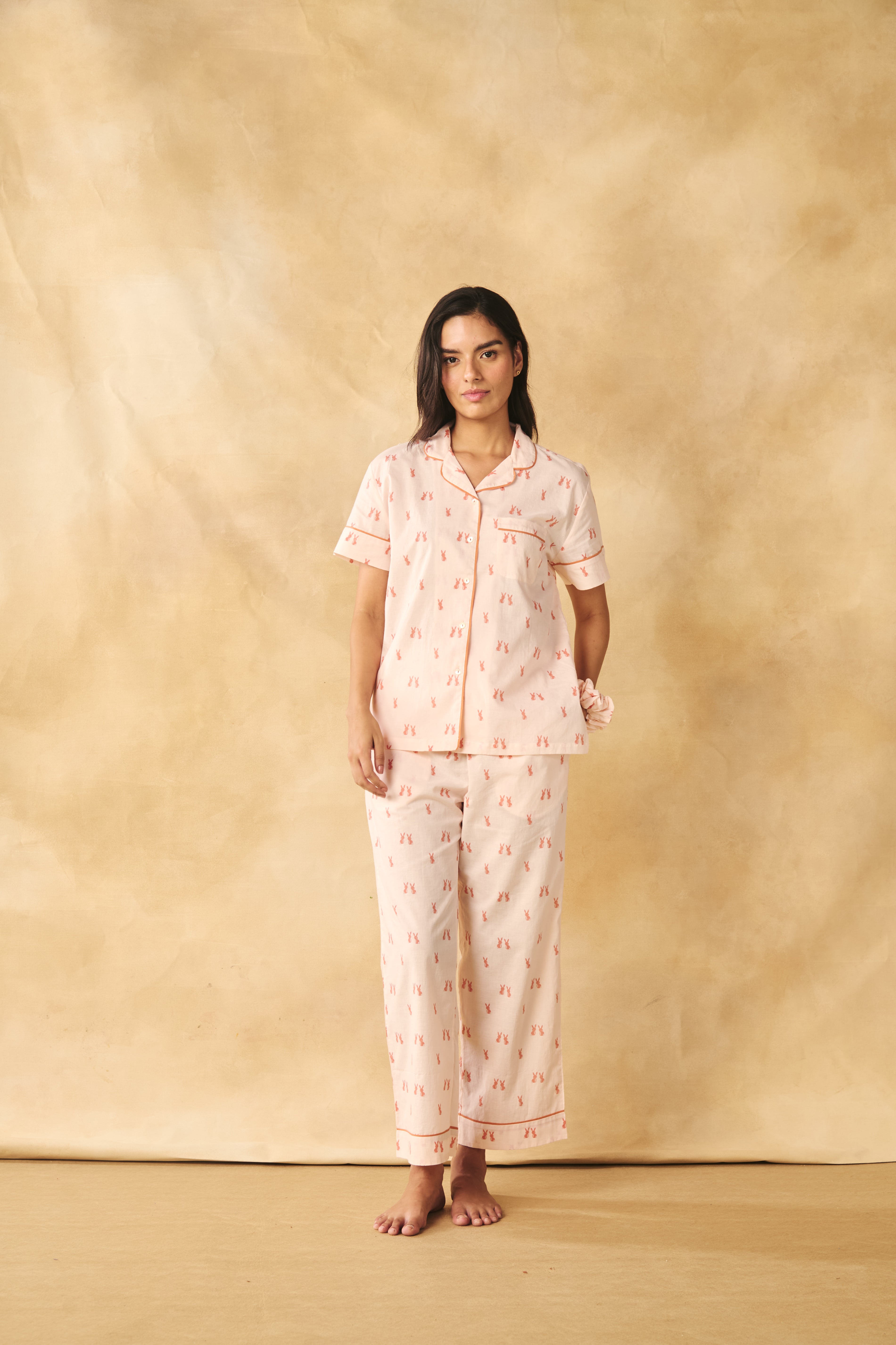 Bunny Print Cotton Night Suit Set-Peach