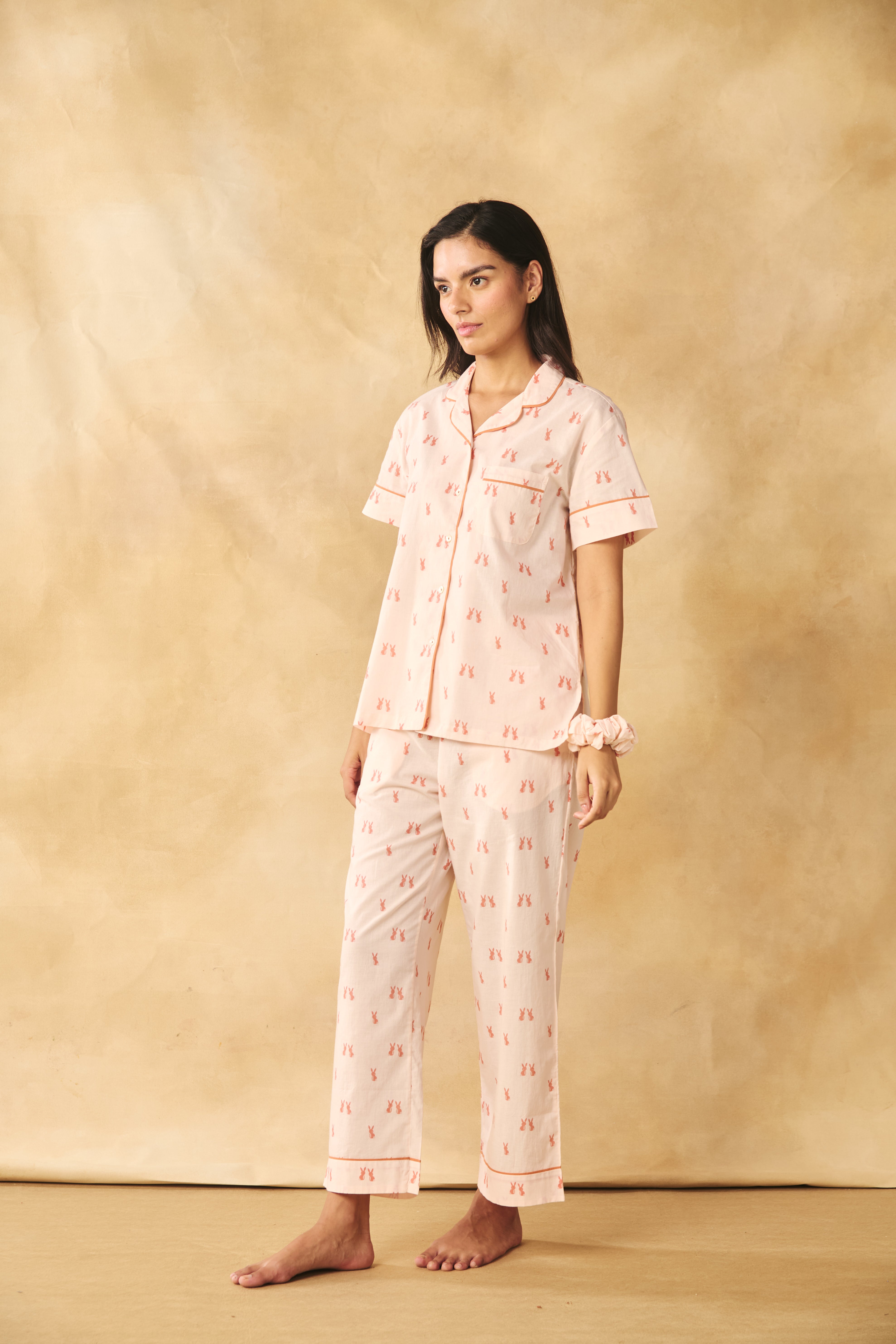 Bunny Print Cotton Night Suit Set-Peach