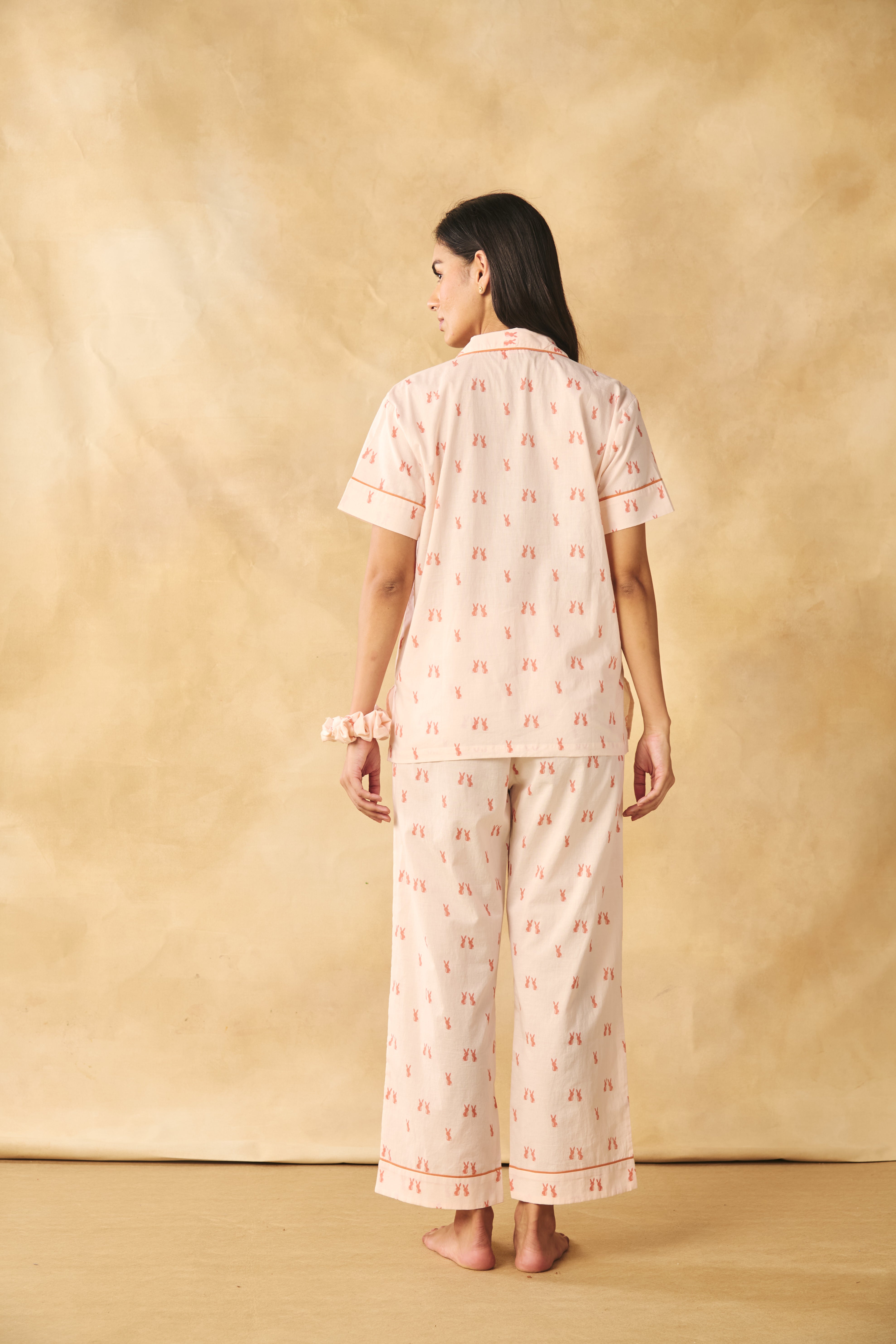 Bunny Print Cotton Night Suit Set-Peach