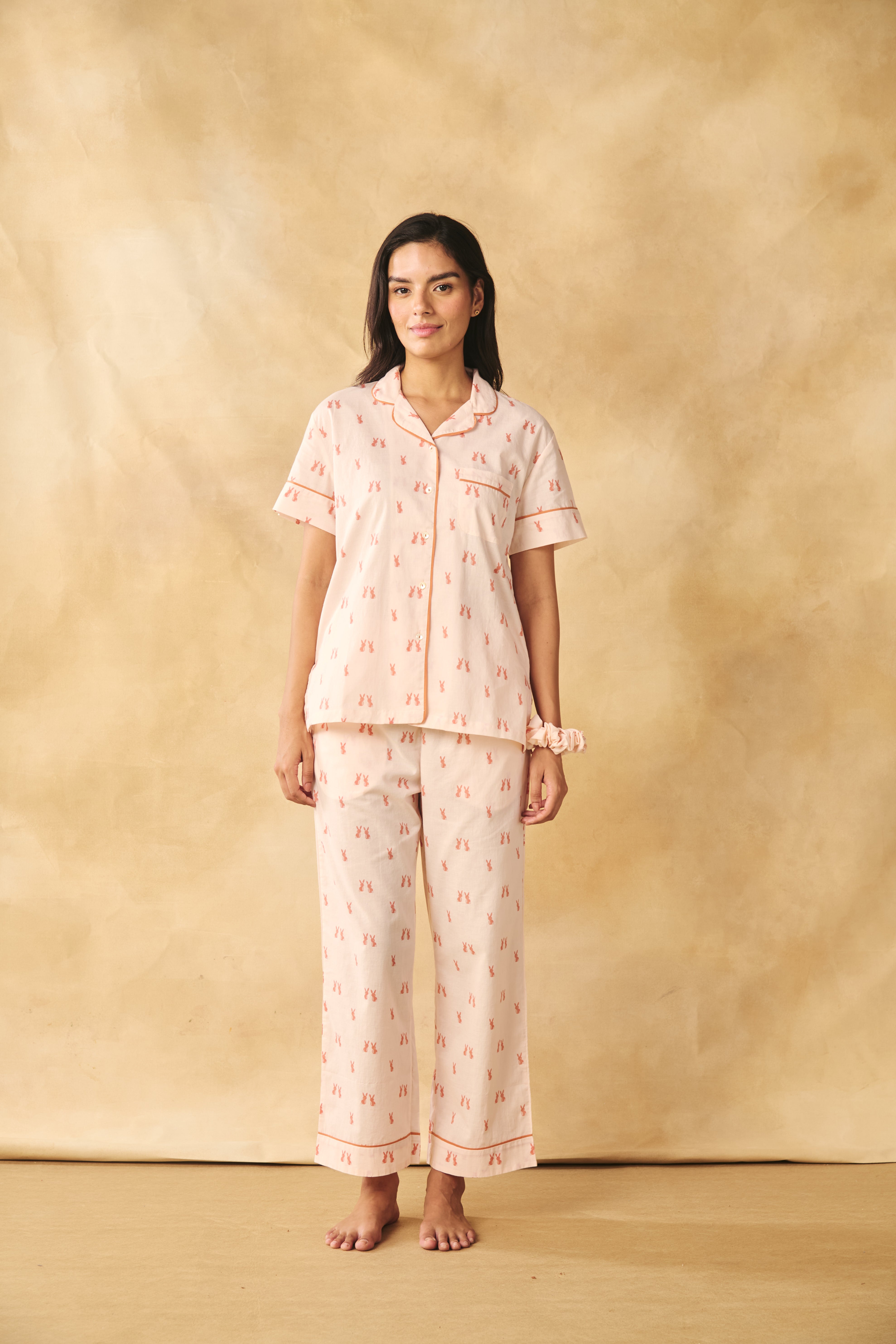 Bunny Print Cotton Night Suit Set-Peach