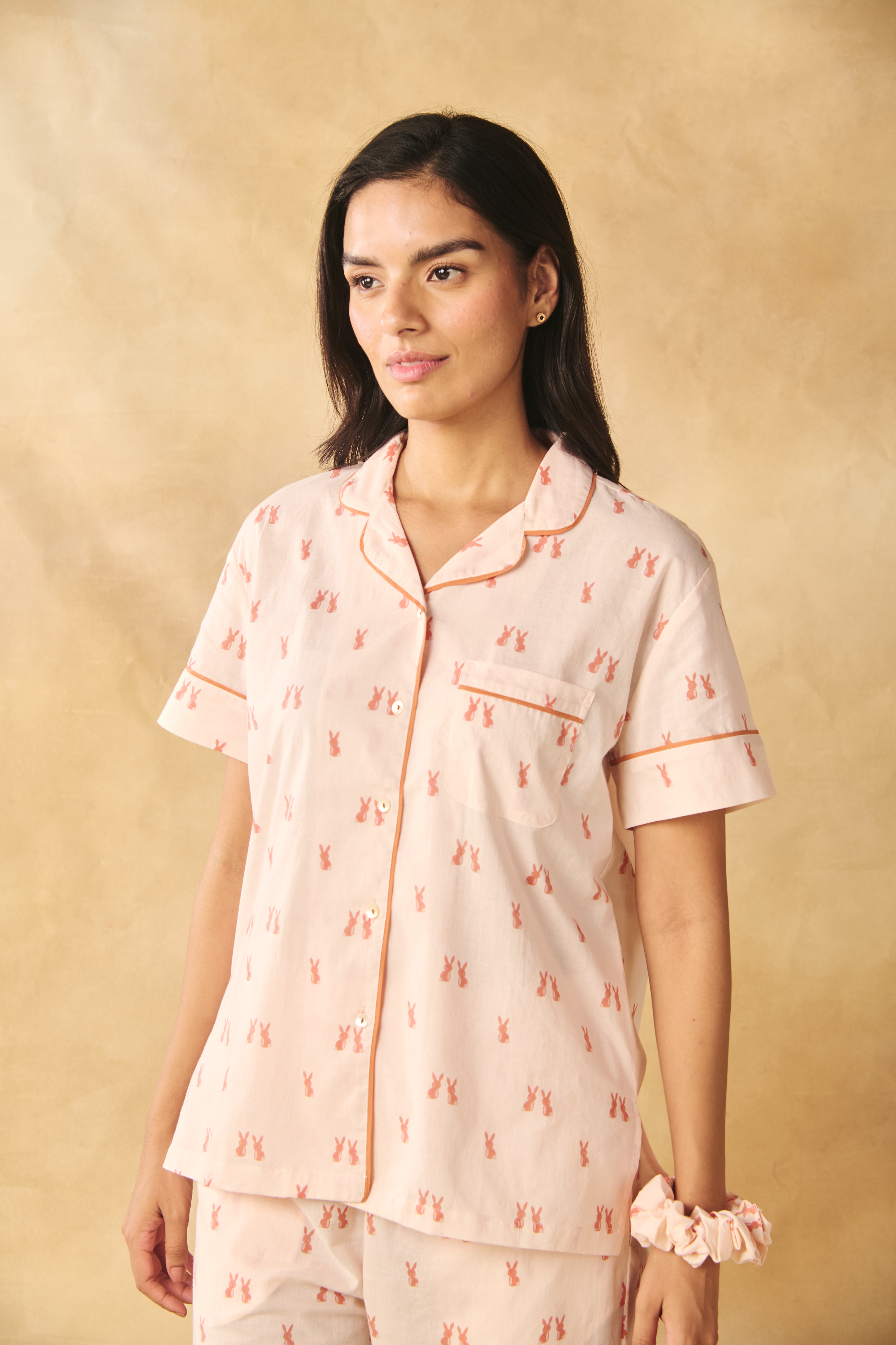 Bunny Print Cotton Night Suit Set-Peach