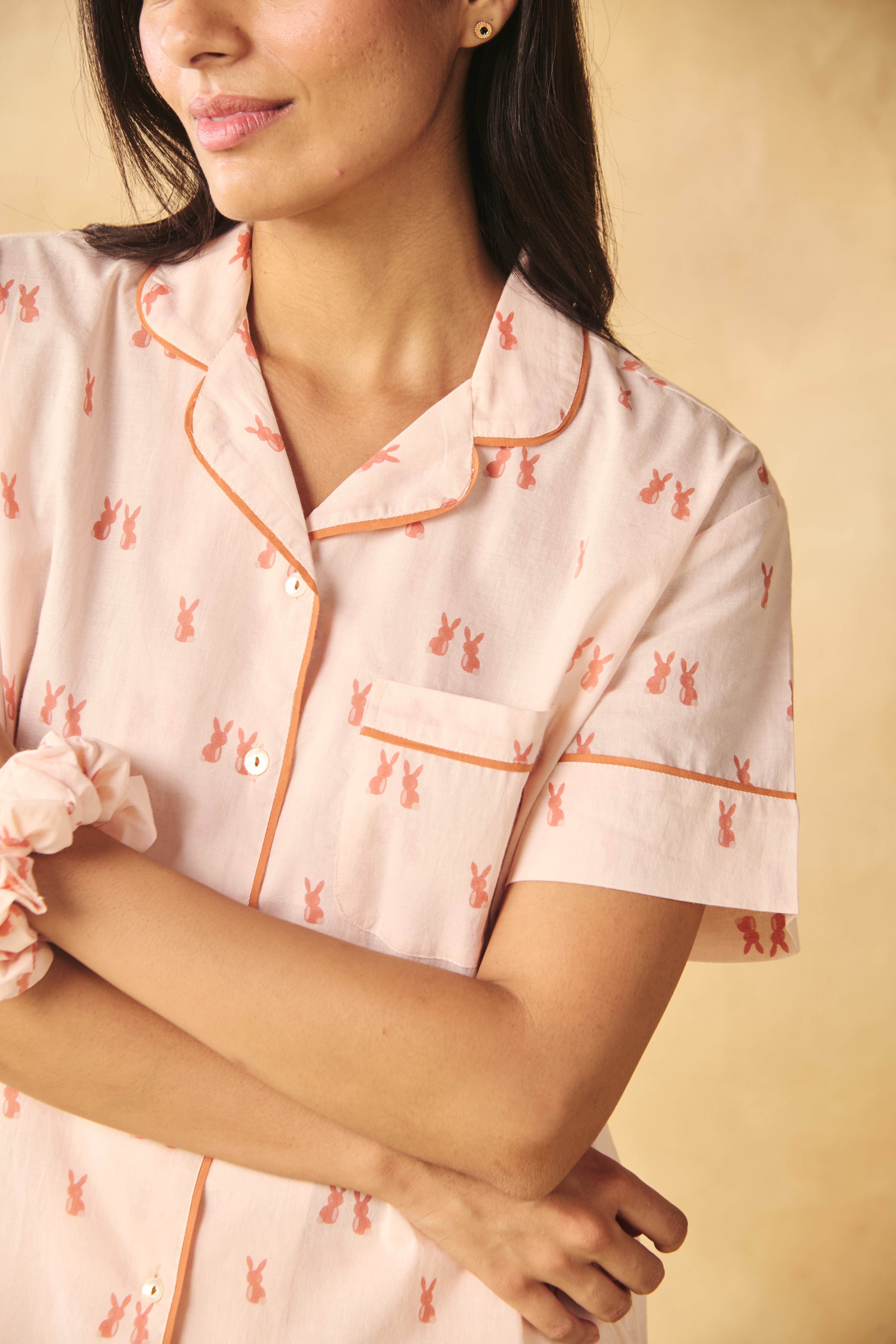 Bunny Print Cotton Night Suit Set-Peach