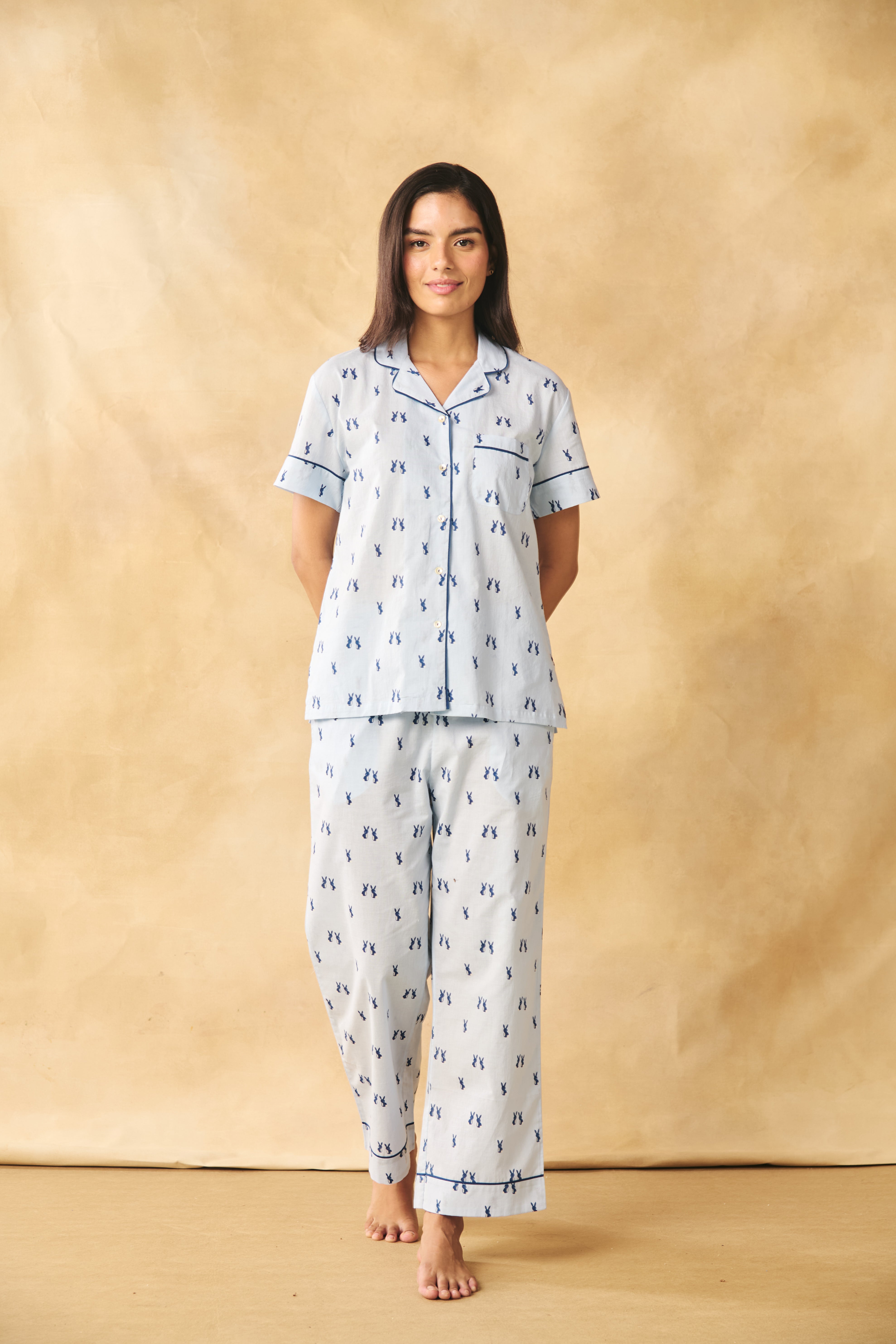 Bunny Print Cotton Night Suit Set-Blue