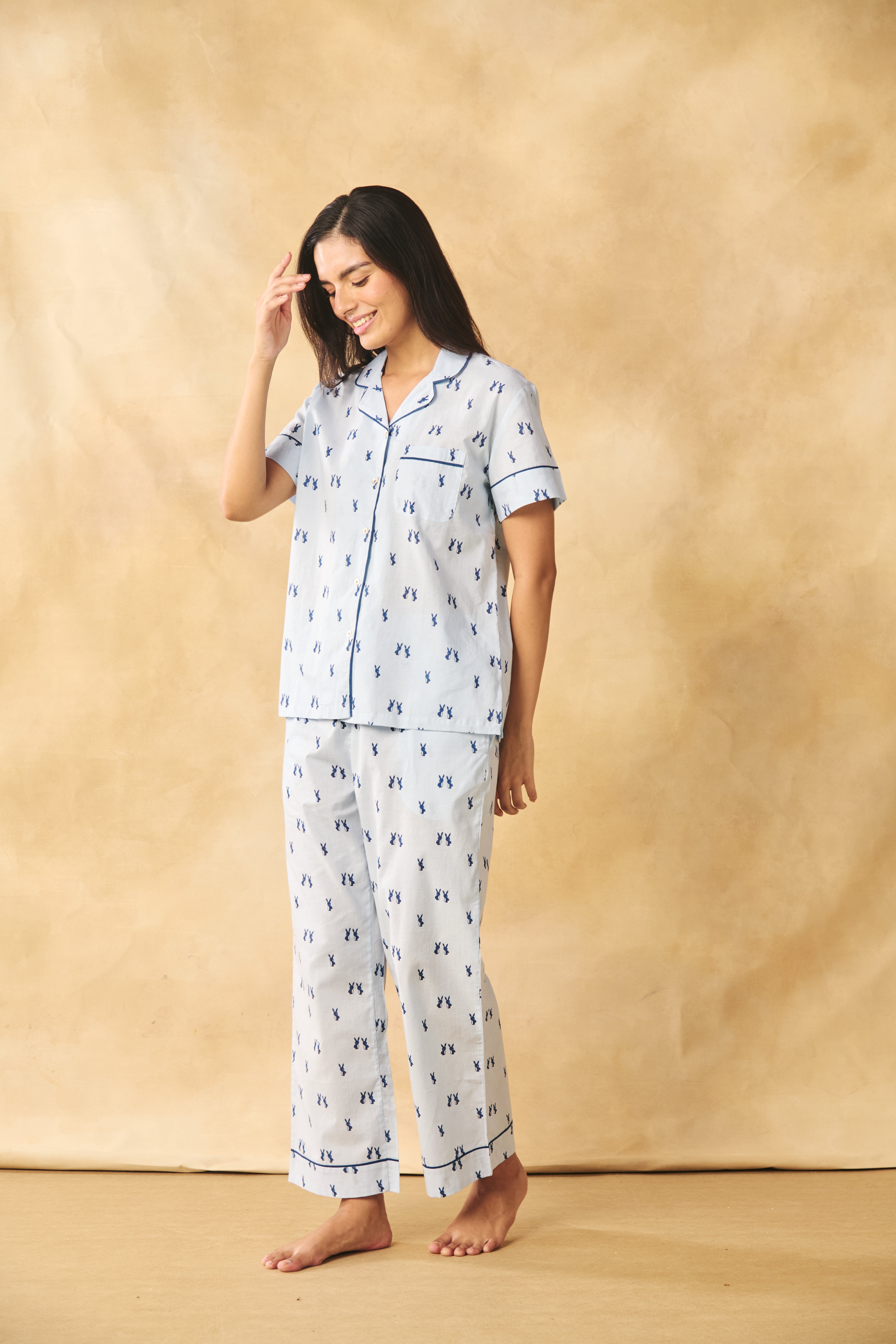 Bunny Print Cotton Night Suit Set-Blue