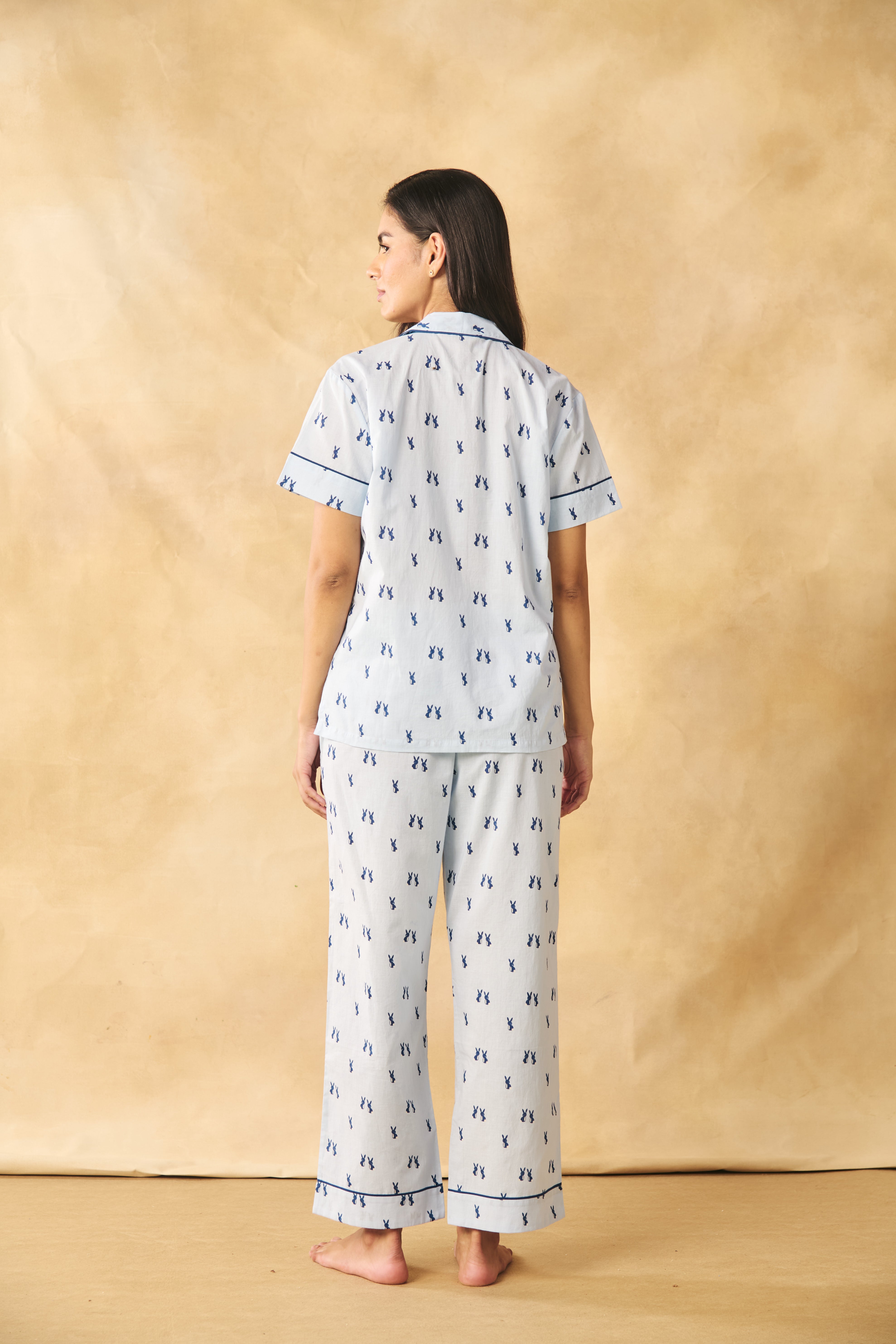 Bunny Print Cotton Night Suit Set-Blue