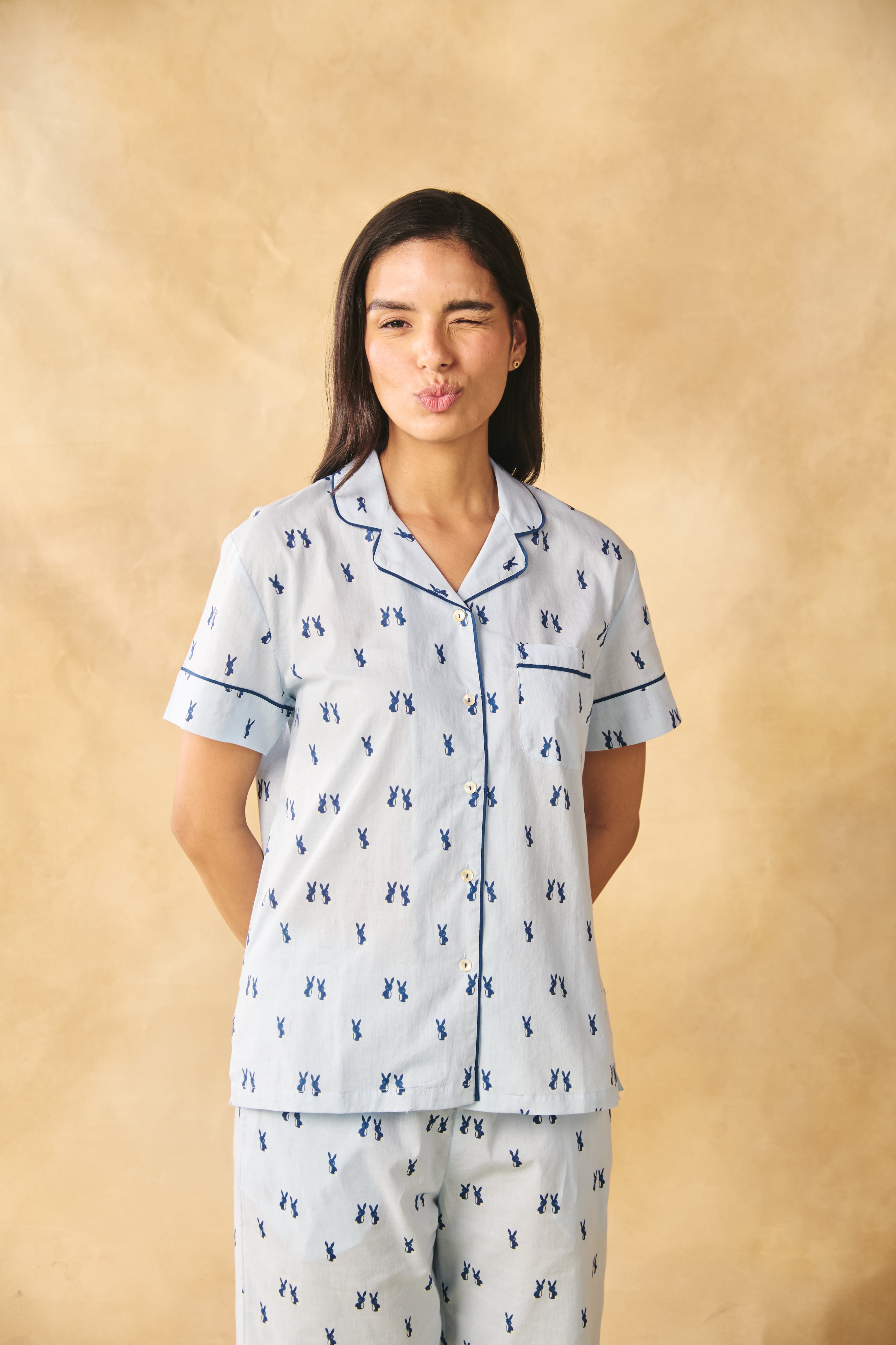 Bunny Print Cotton Night Suit Set-Blue