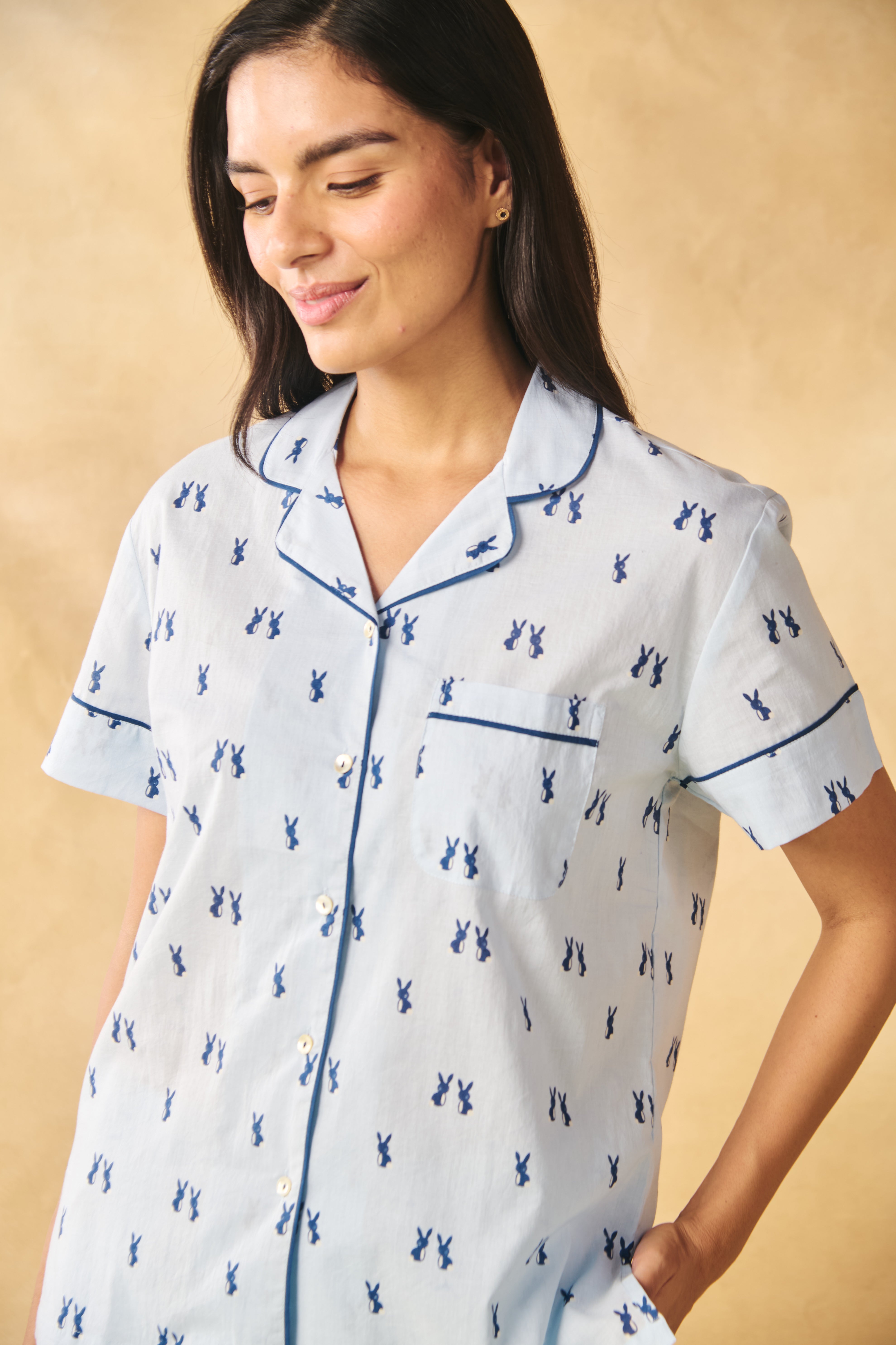 Bunny Print Cotton Night Suit Set-Blue